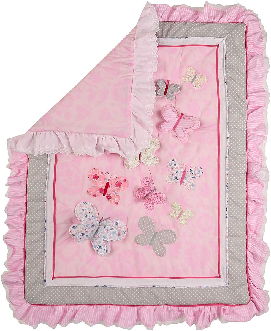 Juego de ropa de cama de 3 piezas con bordado rosa Buterfly para cuna de bebé, color rosa intenso, hermoso juego de ropa de cama para cuna de