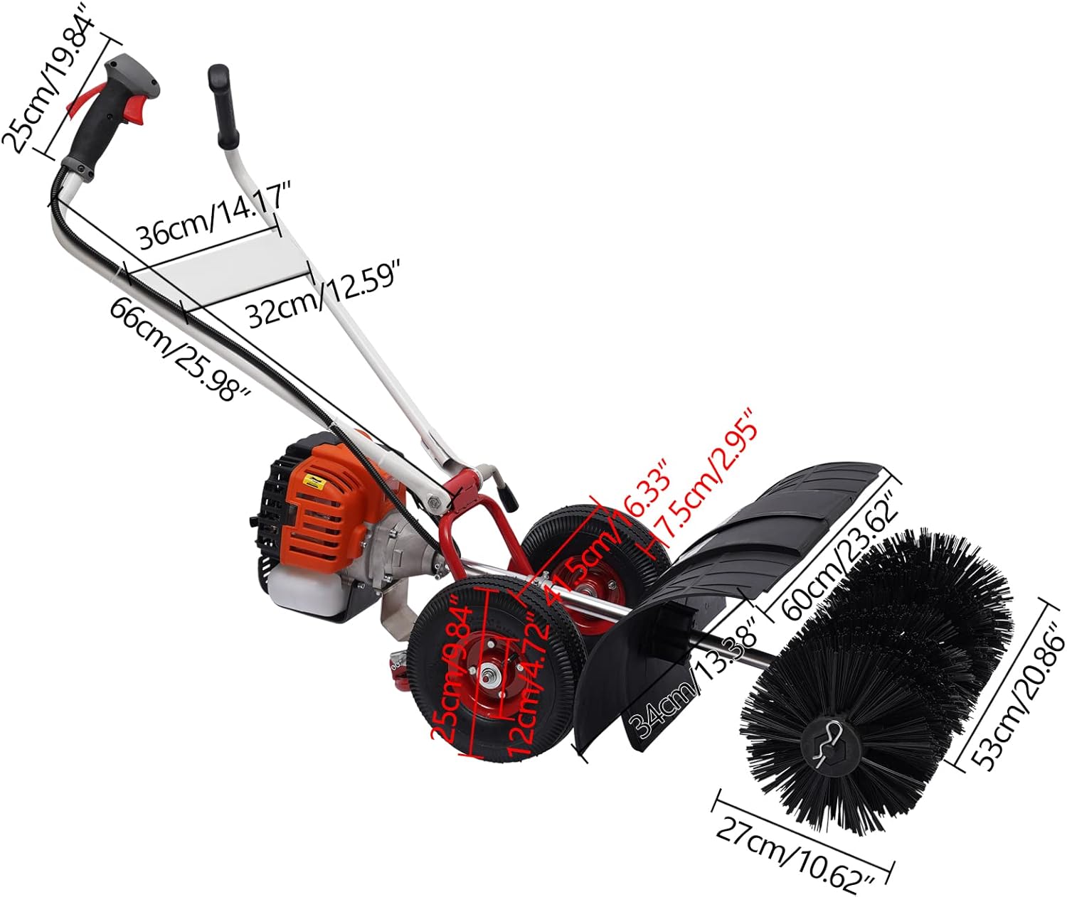 Escoba eléctrica de gas 52 CC 2.5 HP, escoba de barrido para caminar detrás de la mano, barredora de empuje para césped, hojas, nieve, césped