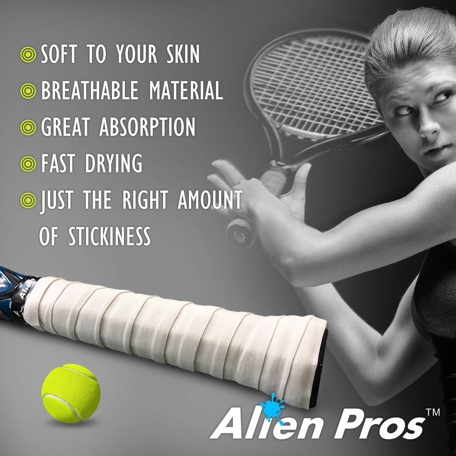 Alien Pros – Cinta de agarre para raqueta de tenis (6, 12 o 60 agarres), agarre de tenis precortado y con sensación seca, cinta de agarre para