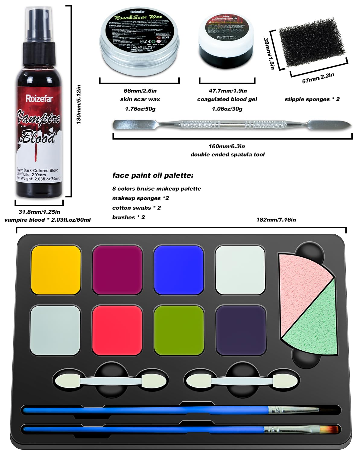 Roizefar Kit de maquillaje SFX de Halloween, 8 colores profesionales de efecto especial para la cara y el cuerpo, paleta de pintura con cera de