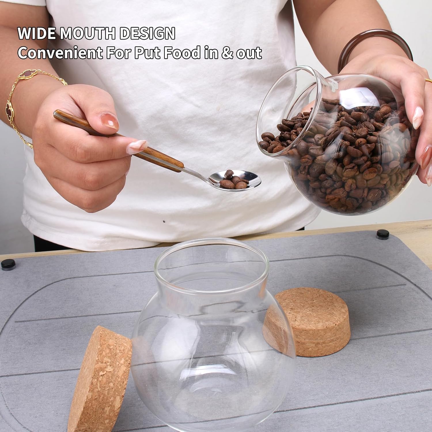 Tarro de vidrio esférico con tapa de corcho hermético, tarro de caramelo de 17 onzas, tarro de vidrio de cocina, para conservar y almacenar café,