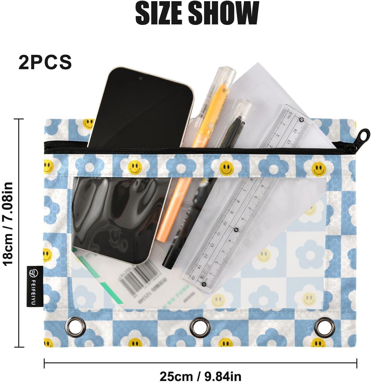 Wudan Estuche para lápices de 3 anillos con patrón retro de tablero de ajedrez, paquete de 2 unidades, impermeable, de plástico transparente, con