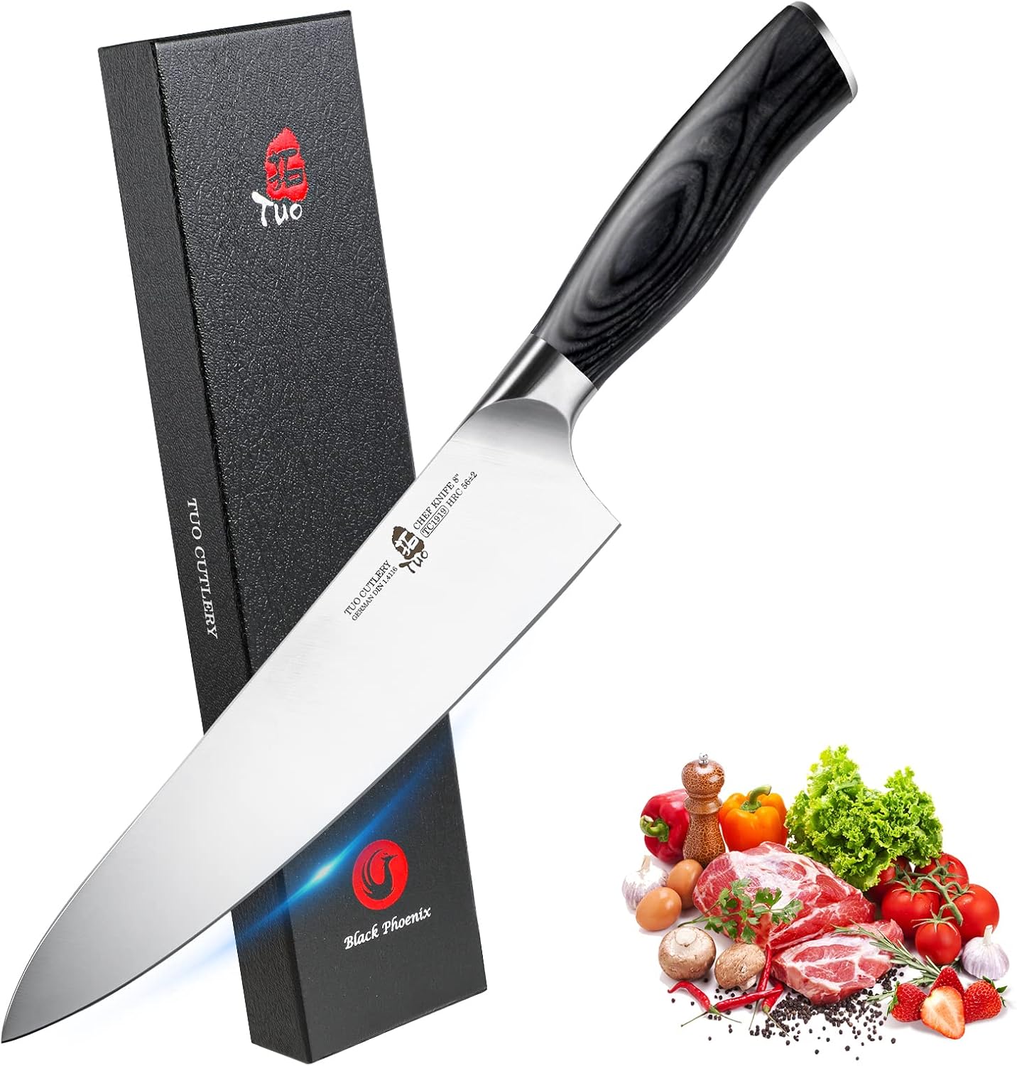 TUO Cuchillo de chef  Cuchillo de chef profesional de 8 pulgadas ultra afilado, acero inoxidable alemán de alto carbono de alta calidad, caja de