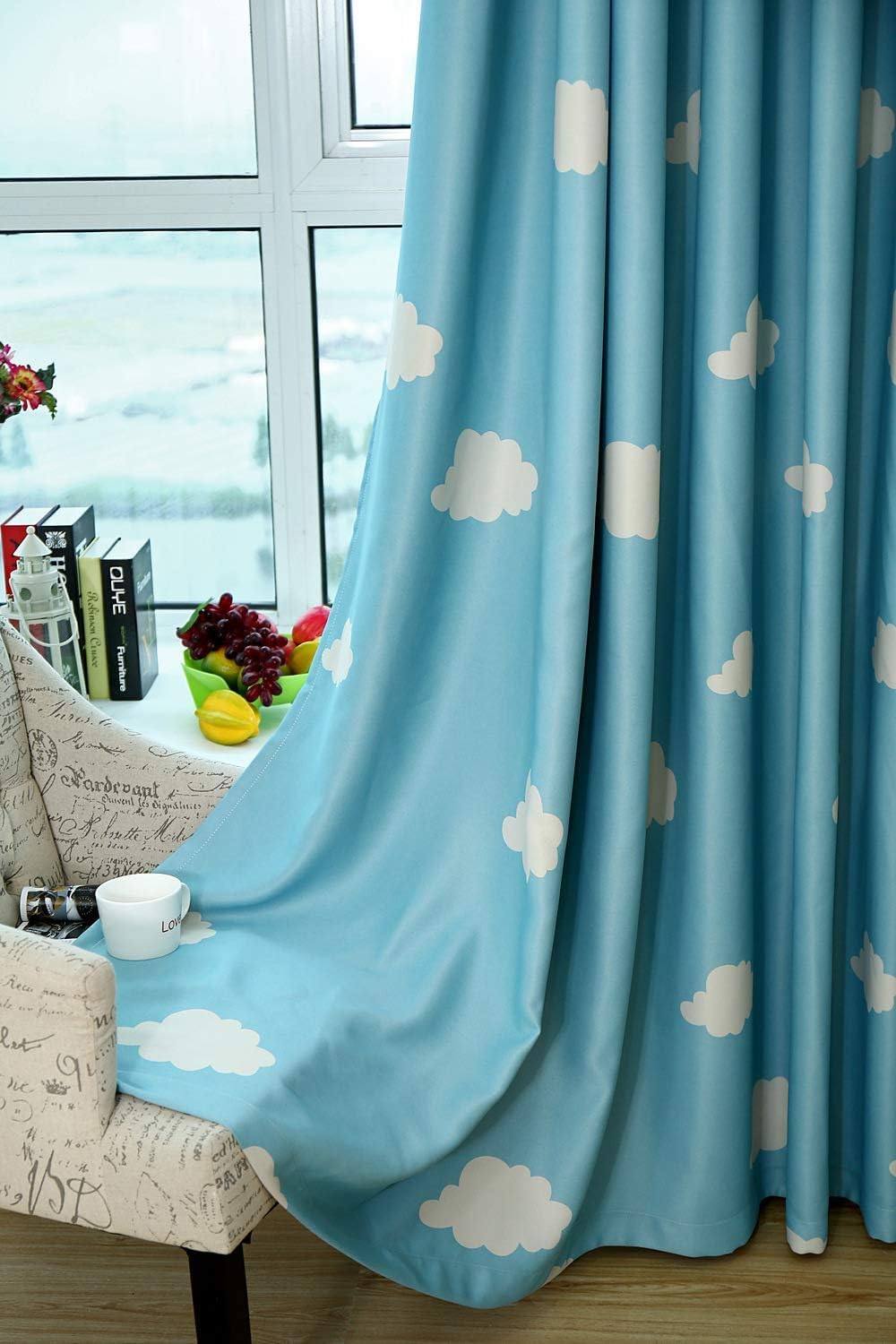 GYROHOME Cortina de nube azul y blanca con ojales en la parte superior, aislamiento térmico, oscurecimiento de habitación, ahorro de ruido,
