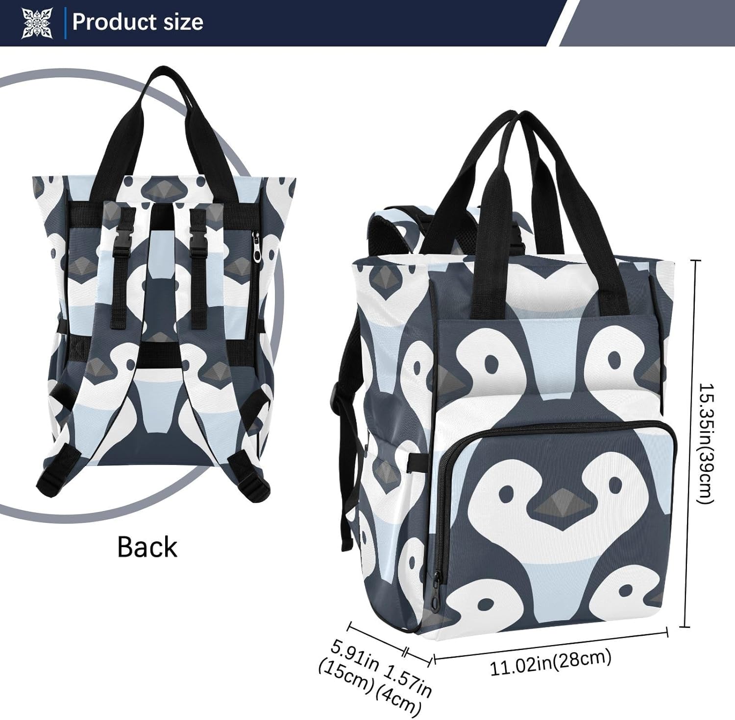 Mochila de pañales de pingüino de dibujos animados para bebés, niños y niñas, multifunción para bebés, bolsa de viaje con correas para cochecito y