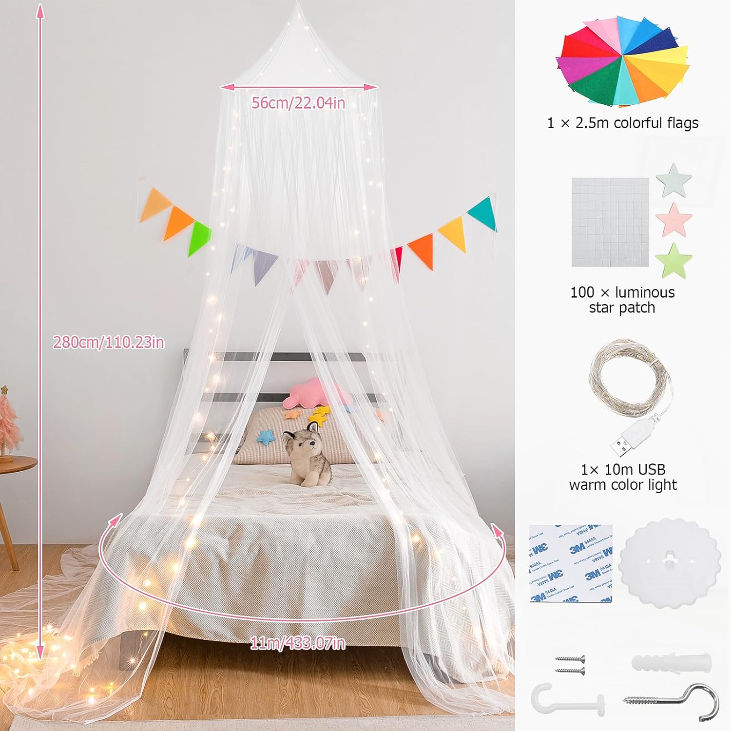 Toldo de cama con luces, toldo de cama para niñas princesa con estrellas luminosas, cortinas de cama para cama de tamaño individual a King,
