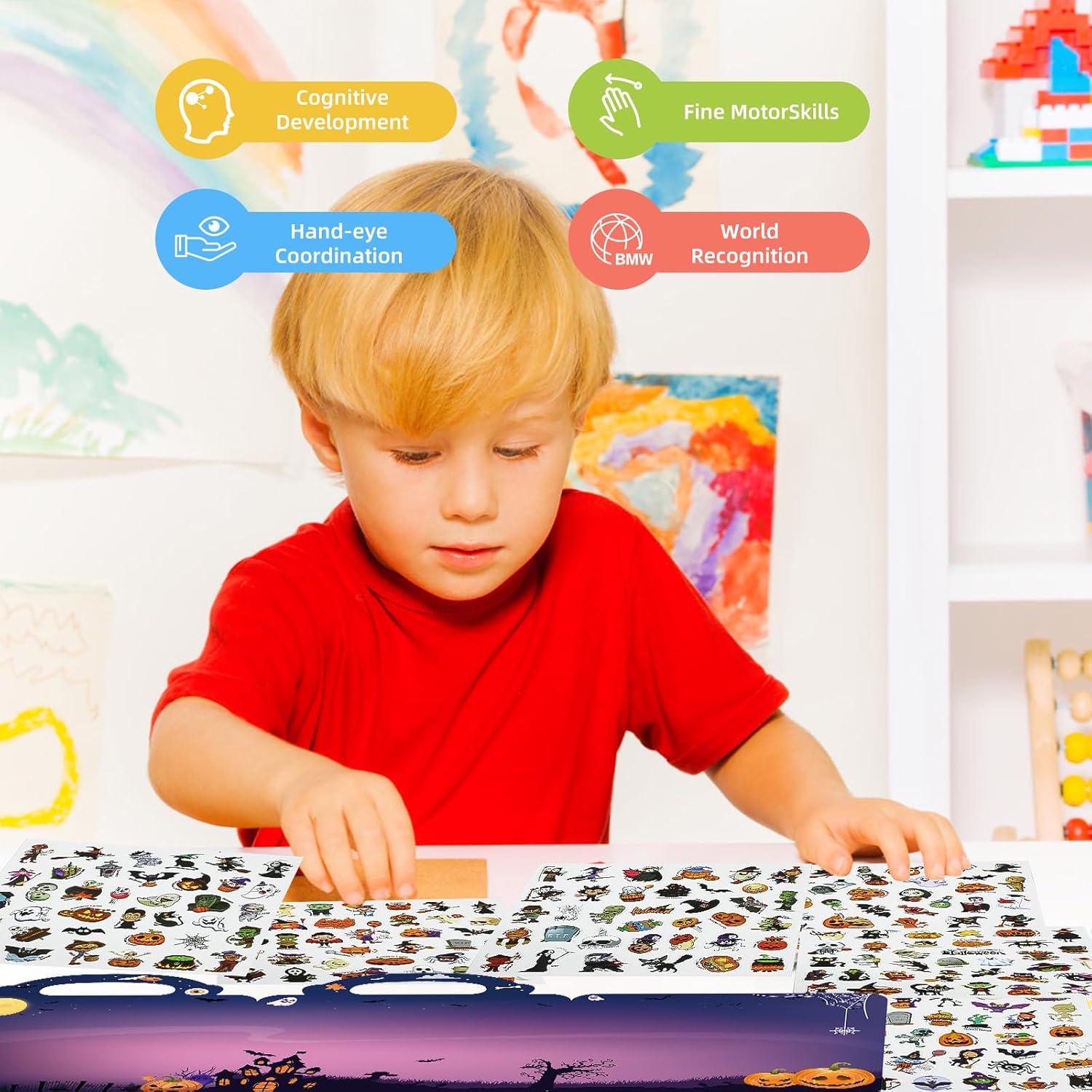 Más de 200 calcomanías reutilizables de Halloween para niños de 2 a 4 años, libros educativos de calcomanías para niños de 1 a 3 años, 6 hojas de