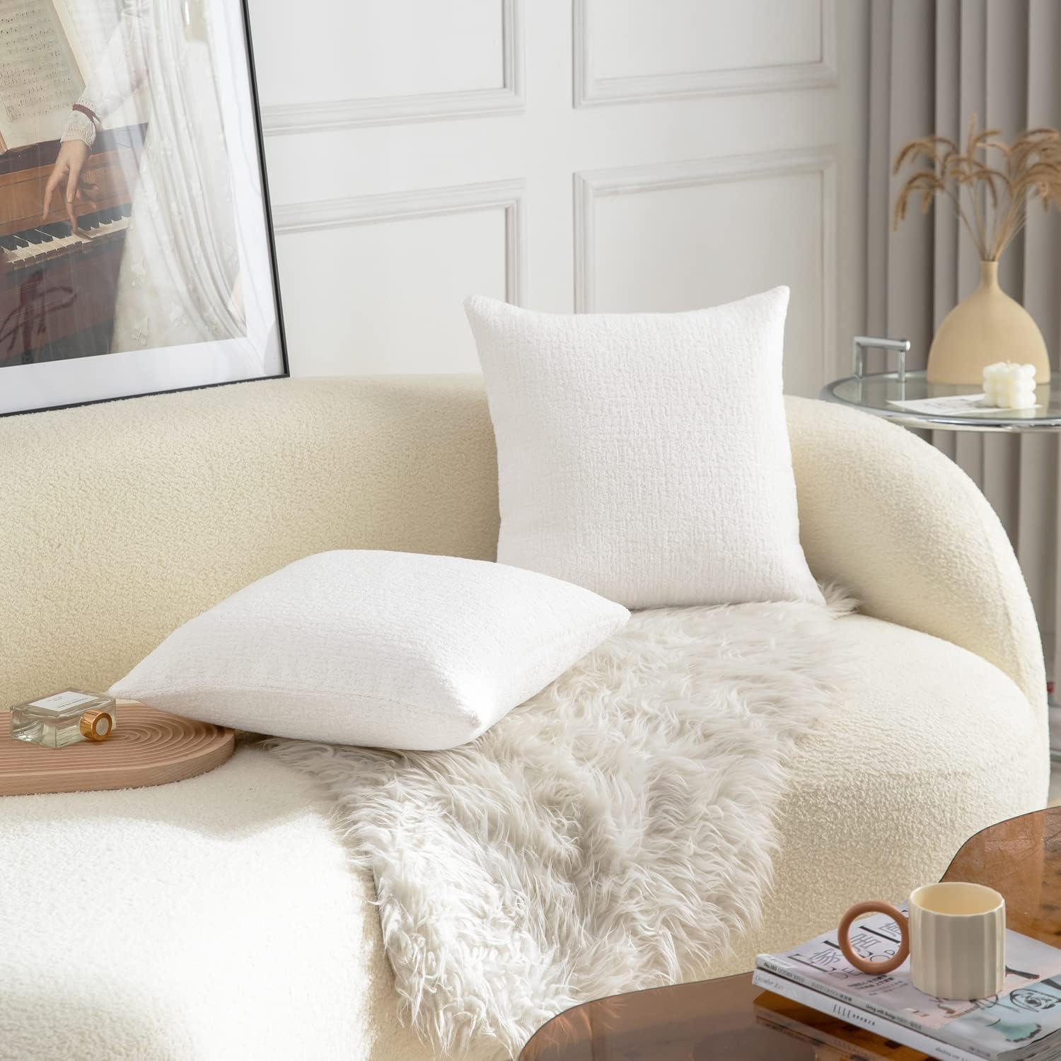 Fundas de almohada con textura de color blanco perla para cama y sofá, 16 x 16 pulgadas, paquete de 2