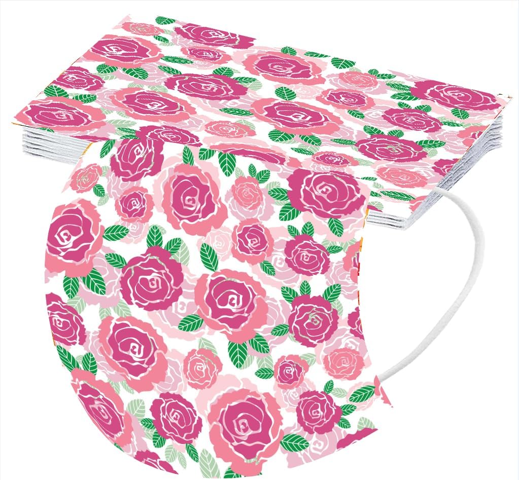 50 cubrebocas desechables con estampado floral de primavera con diseños para adultos, 3 capas con alambre para la nariz