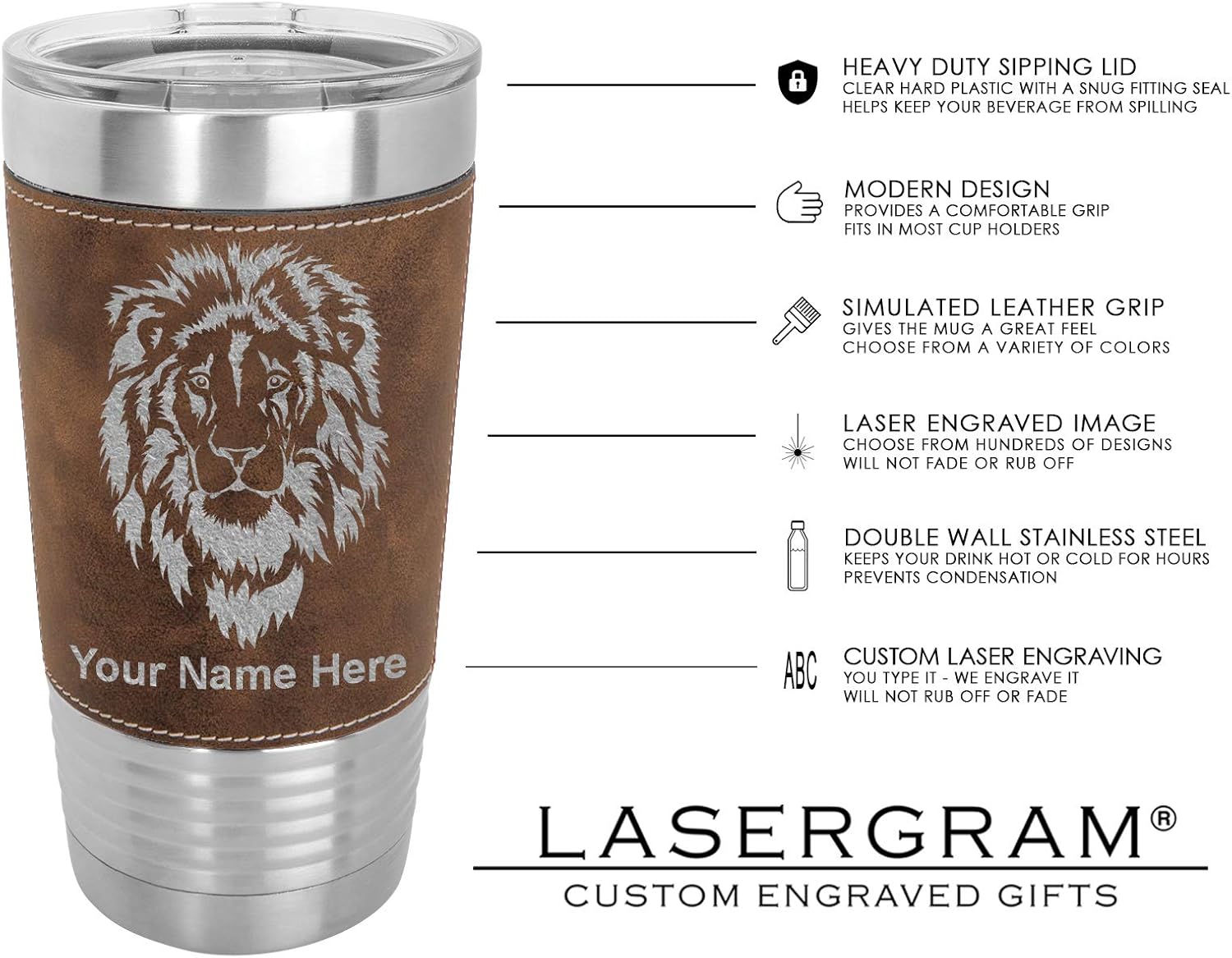 LaserGram Vaso aislado al vacío de 20 onzas, jirafa, grabado personalizado incluido (cuero sintético, rústico)