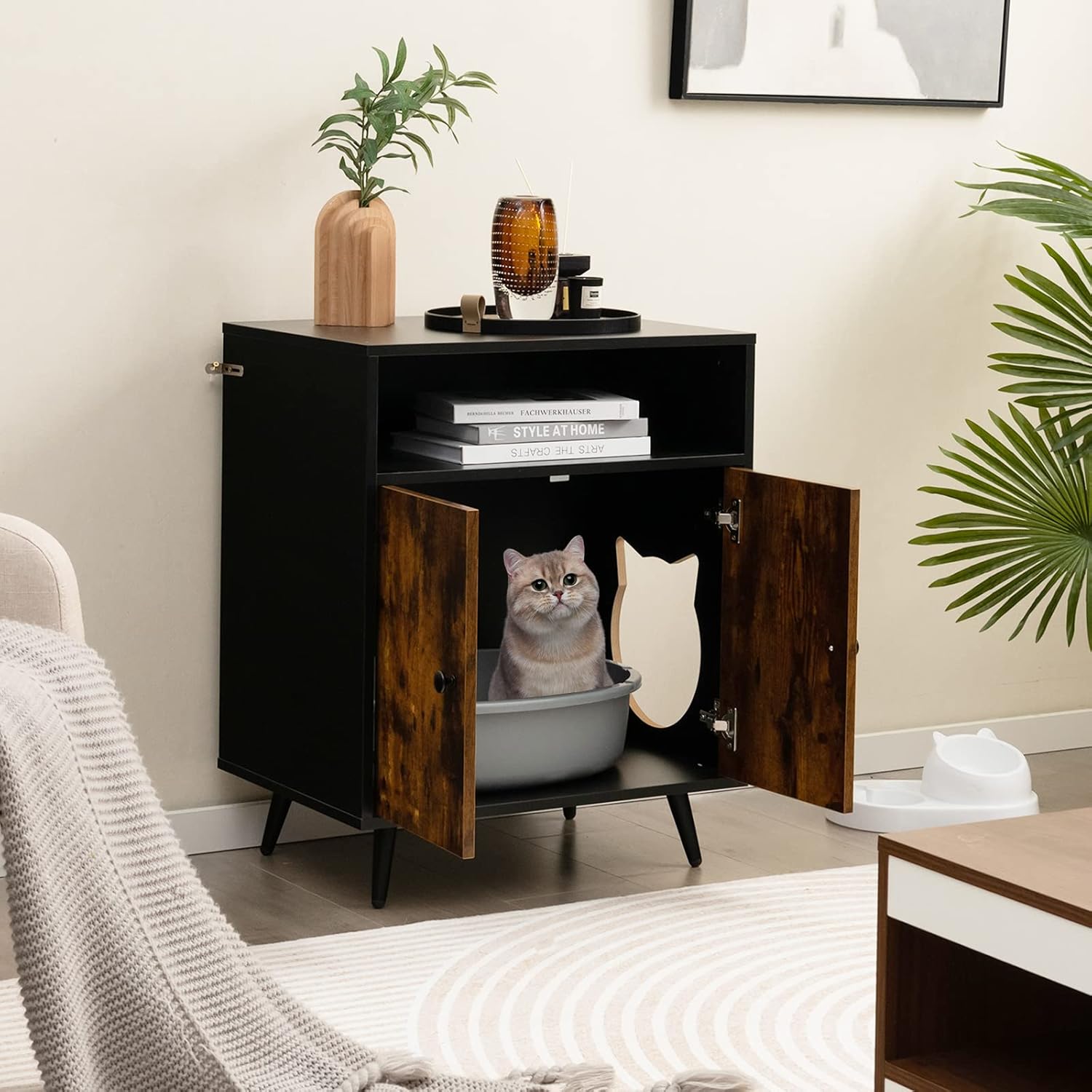 PETSITE Caja de arena para gatos, caja de arena cerrada de madera con estantes, caja de arena oculta mesa auxiliar para muebles