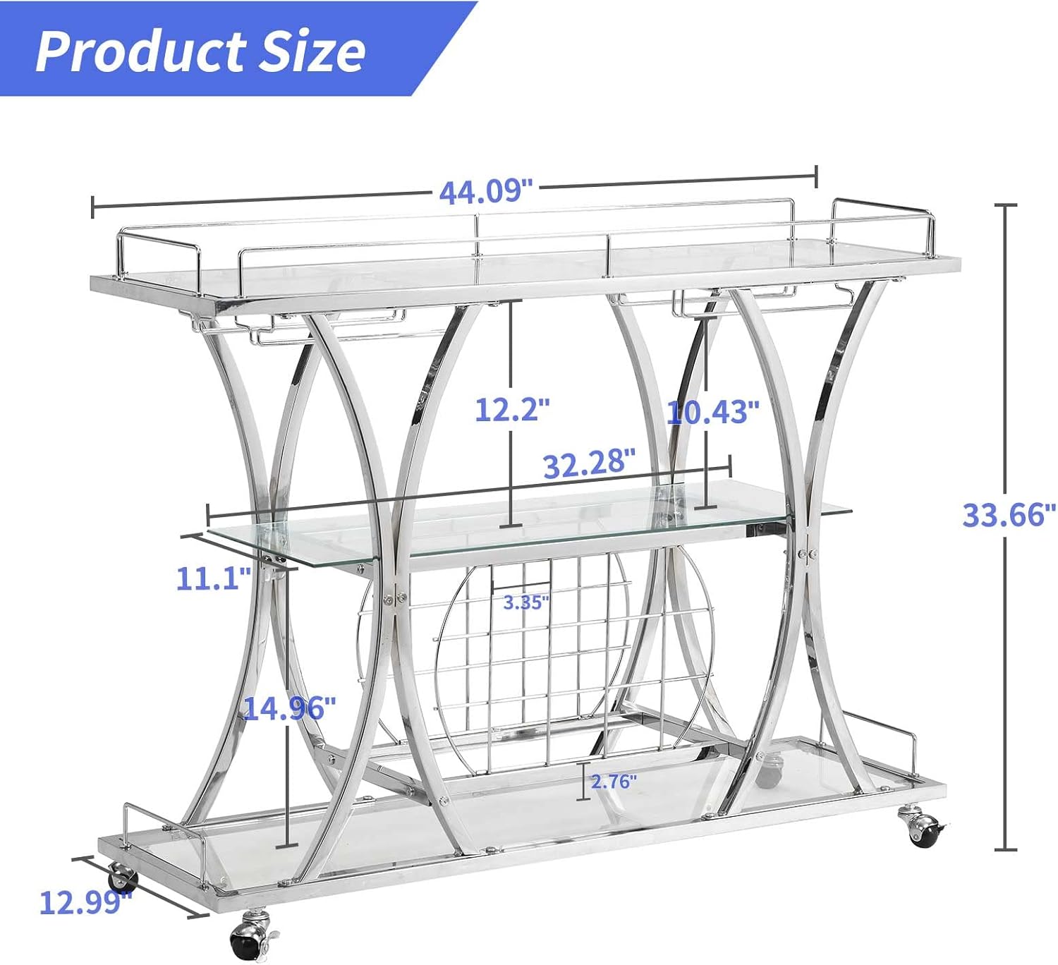 HOMYSHOPY Carrito de servicio de bar con soporte para vidrio y estante para vino, carrito de cocina de 3 niveles con estantes de vidrio templado y