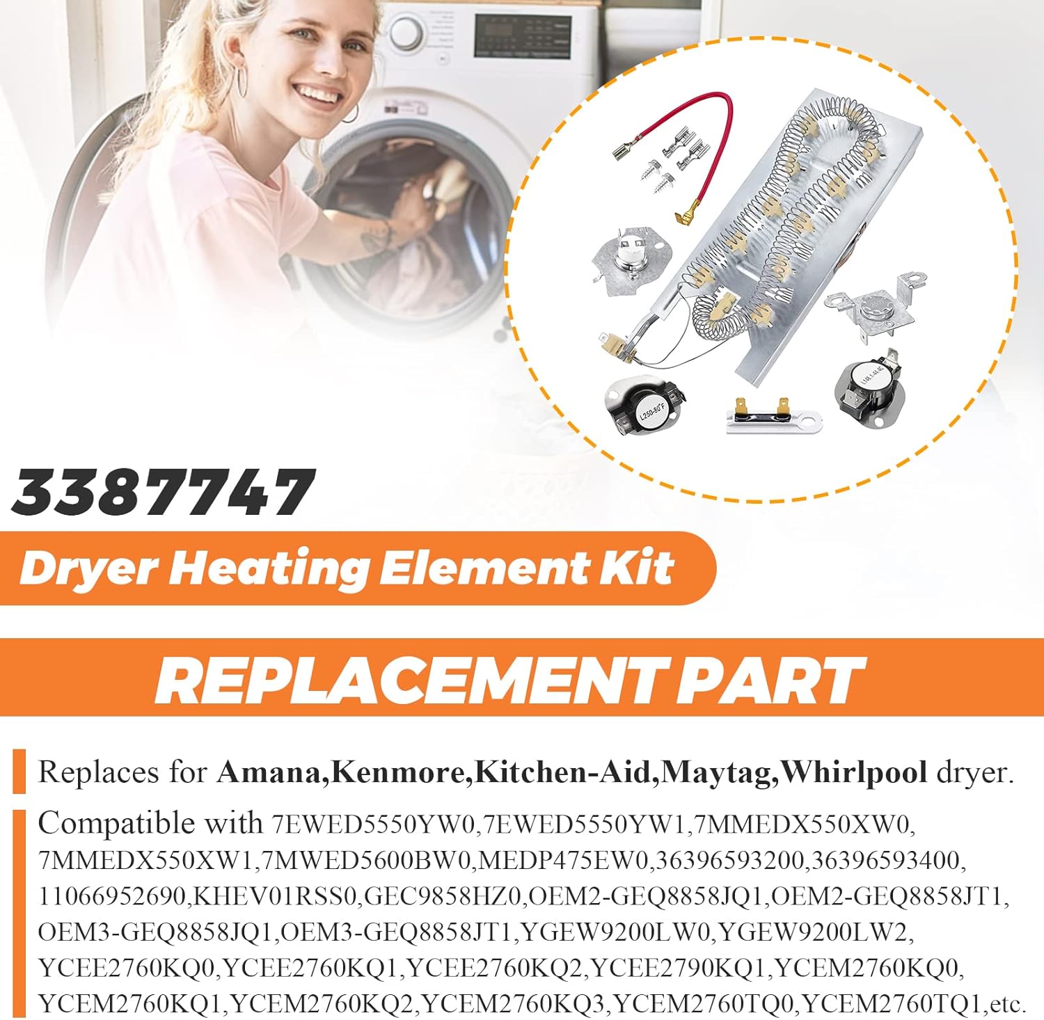 W11344457 3387747 AP6008281 Heating Element Assembly & 279816 Thermostat Kit & 279973 3392519 Thermal Fuse by Beaquicy – Fit for Ken-more Whirl-pool