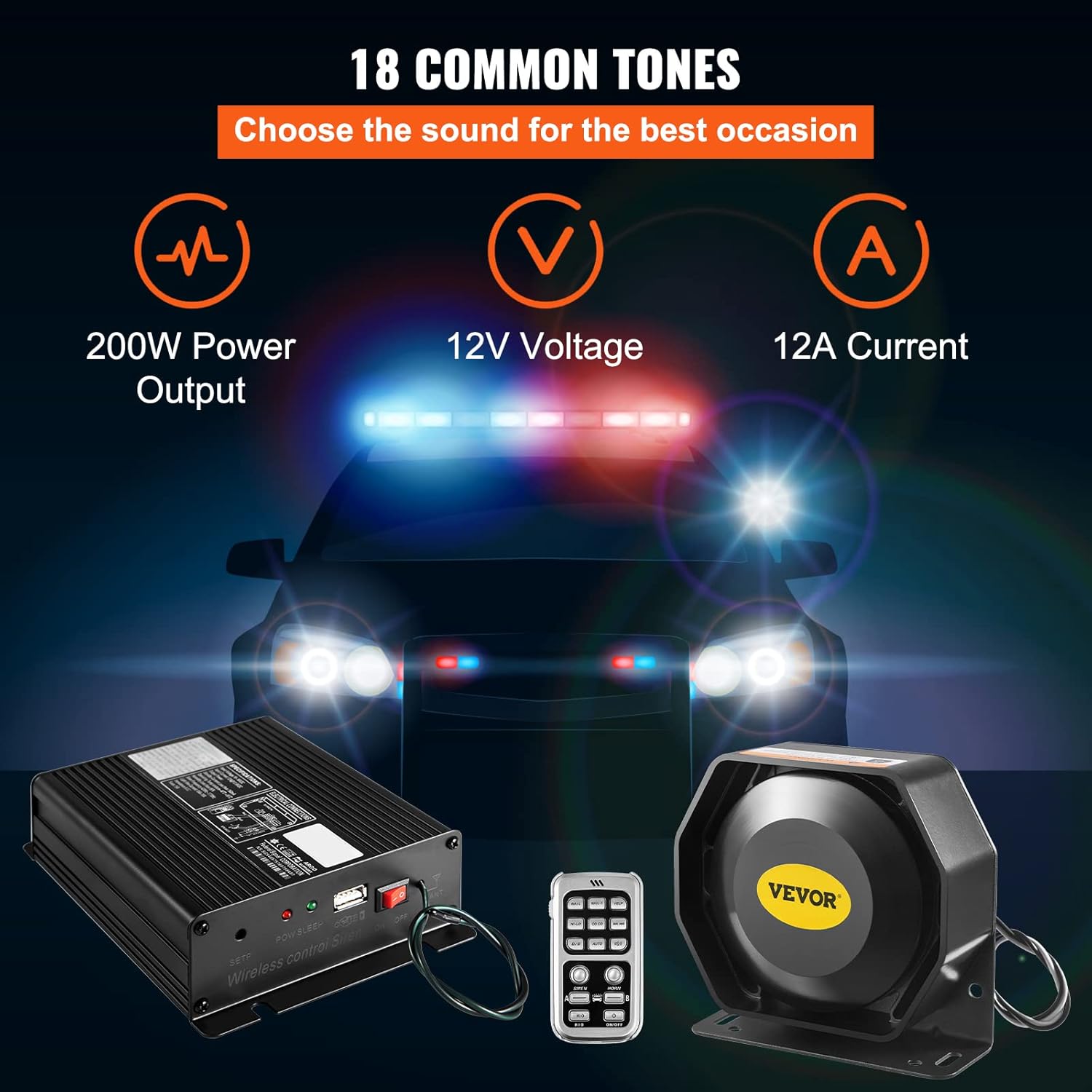 VEVOR Sistema PA de sirena de policía, amplificador DC12V 200W sirena de policía con altavoz compacto, bocina de sirena de policía de 18 tonos,