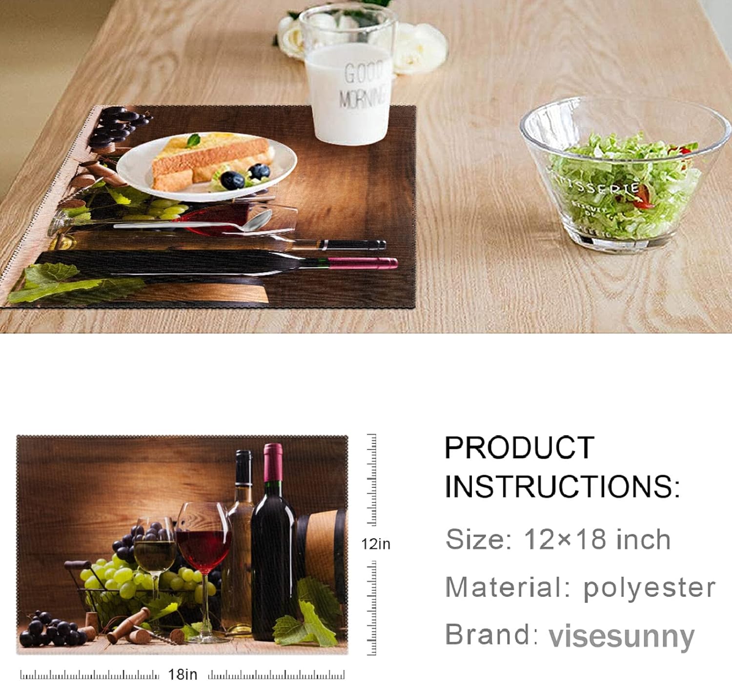 visesunny Juego de 4 manteles individuales con patrón de madera para copas de vino, uvas, manteles individuales antideslizantes para decoración de
