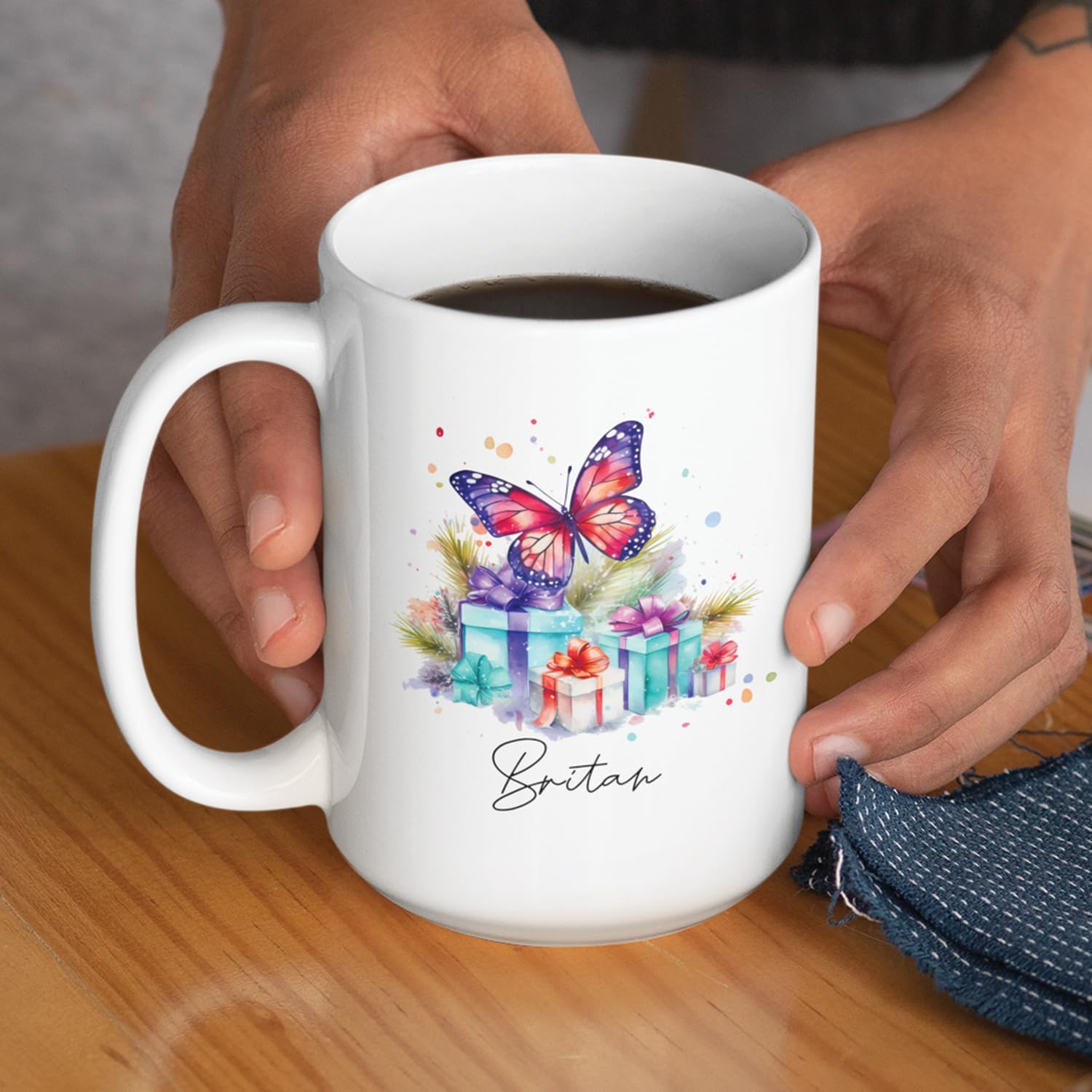 Tazas de cerámica blanca personalizadas, diseño de mariposa con cajas de regalo coloridas, taza de café con nombre personalizado, taza de té de
