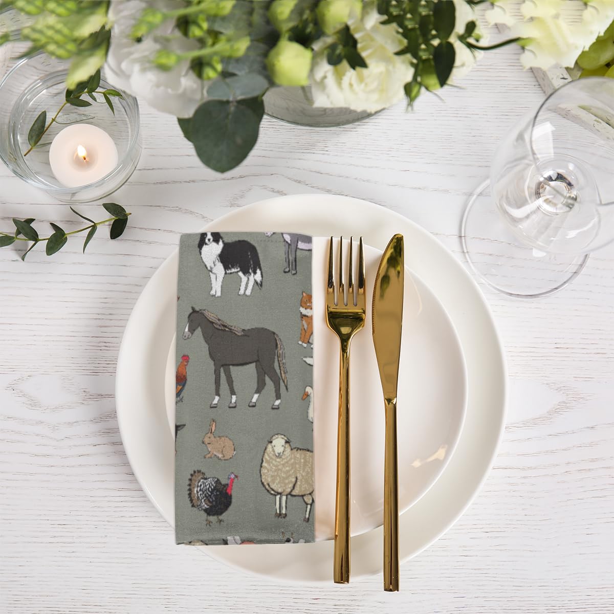 Cloth Napkins Set of 4 Cute Cow 20×20 Inch Cloth Napkins Farm Animals Rooster Cow Washable Reusable Kitchen Dinner Napkins Table Decor for Wedding,