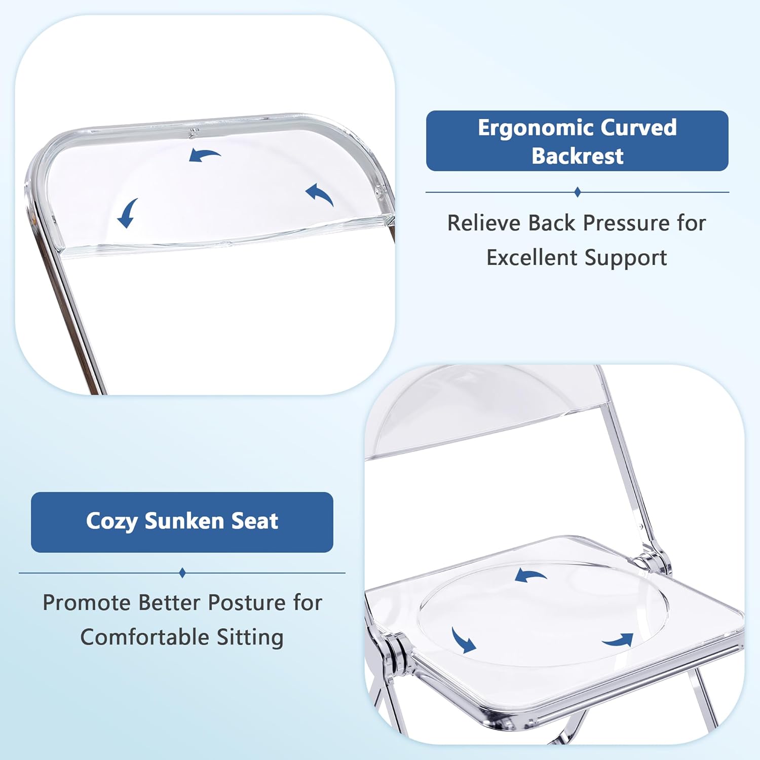 Dolonm Silla plegable de acrílico transparente con marco de acero cromado, silla de acrílico para múltiples aplicaciones, silla transparente moderna