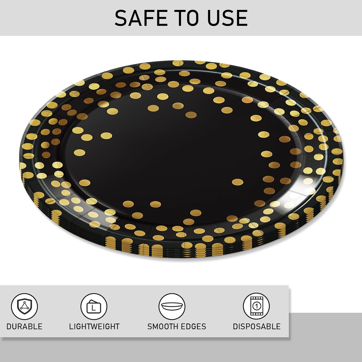 AntNest Platos de papel desechables de 9 pulgadas, platos de papel negro y dorado, platos de papel de fiesta de lunares de aluminio, 50 unidades