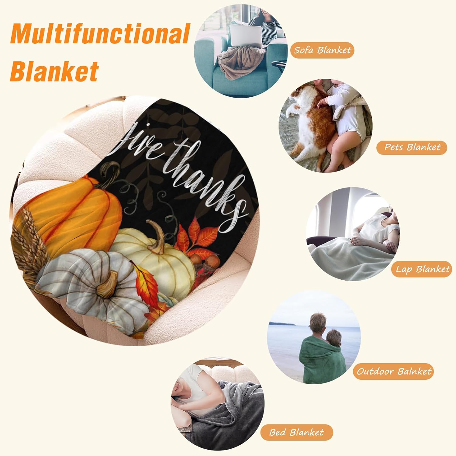 YeeJu Manta decorativa de otoño, tamaño individual, manta de calabazas de otoño para sofá, cama, sala de estar, al aire libre, suave, acogedora,