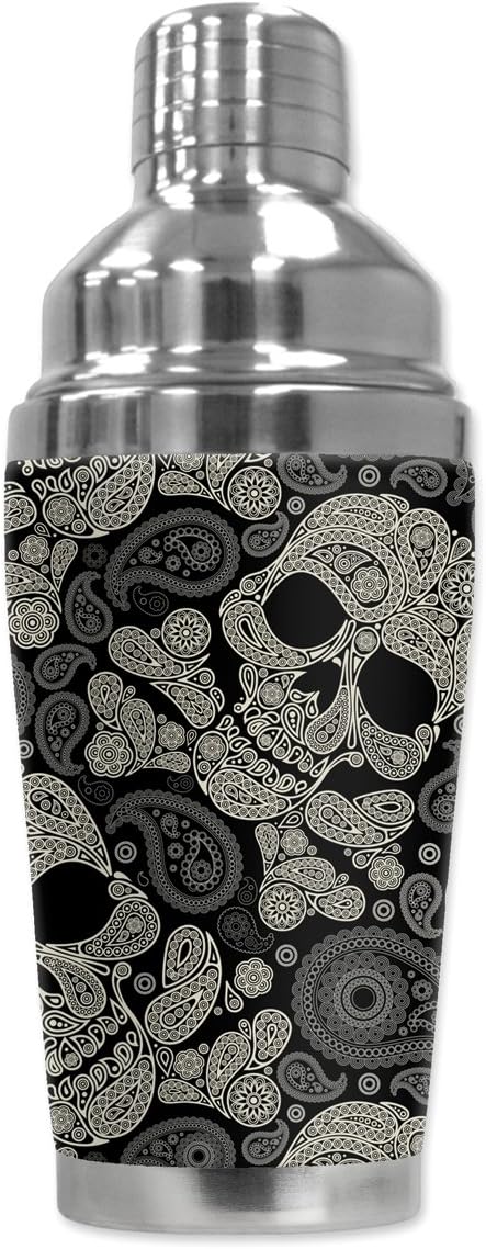 Mugzie “Paisley Skulls” – Coctelera con funda aislante para traje de neopreno, 16 onzas, color negro