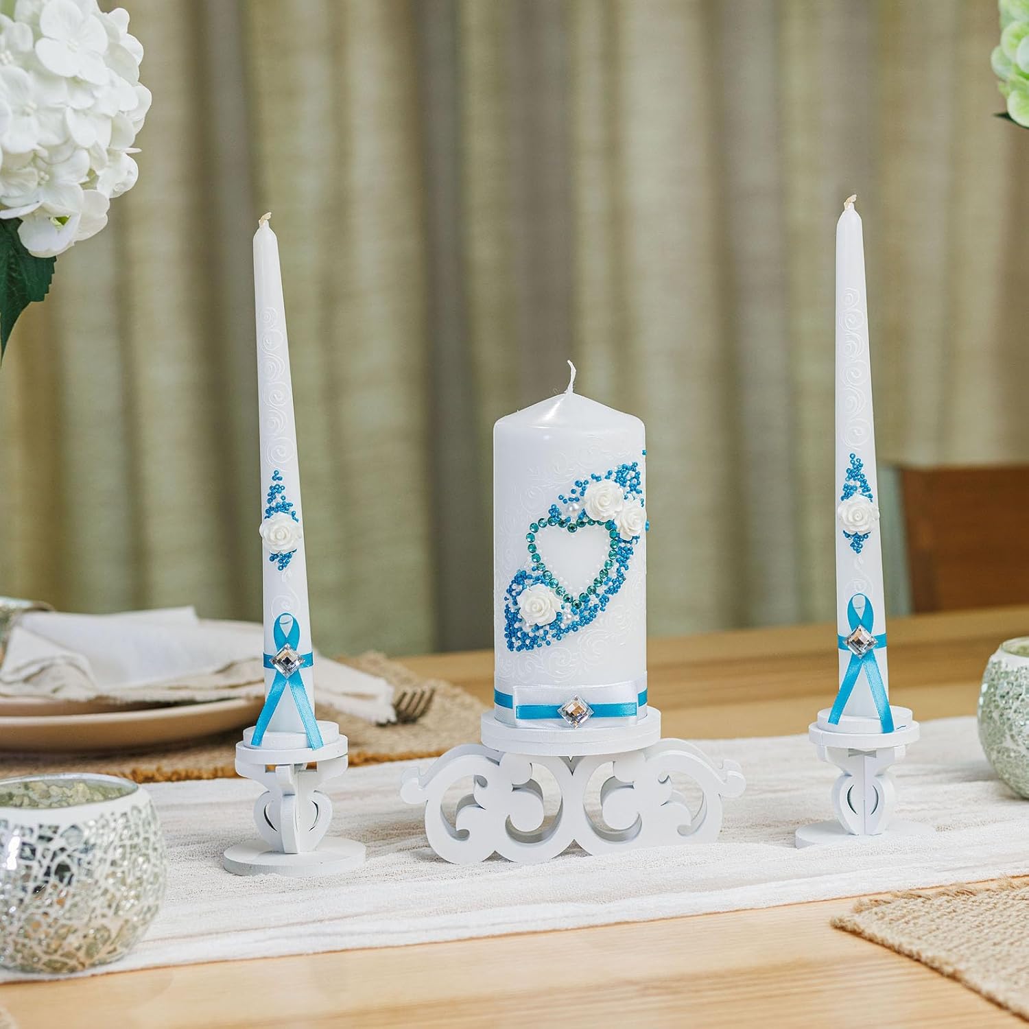 Unity – Juego de candelabros color azul, pilar de 6 pulgadas, 10 pulgadas, mesas decorativas para fiesta, juego de velas de unidad de boda