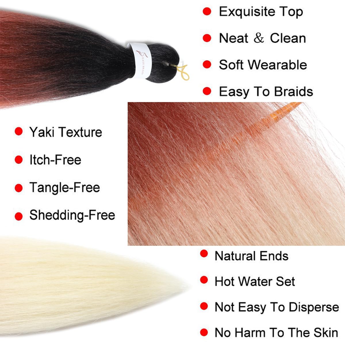 Cabello trenzado preestirado de 26 pulgadas, 3 paquetes de cabello sintético profesional ombré, trenzado con agua caliente, ajuste fácil de