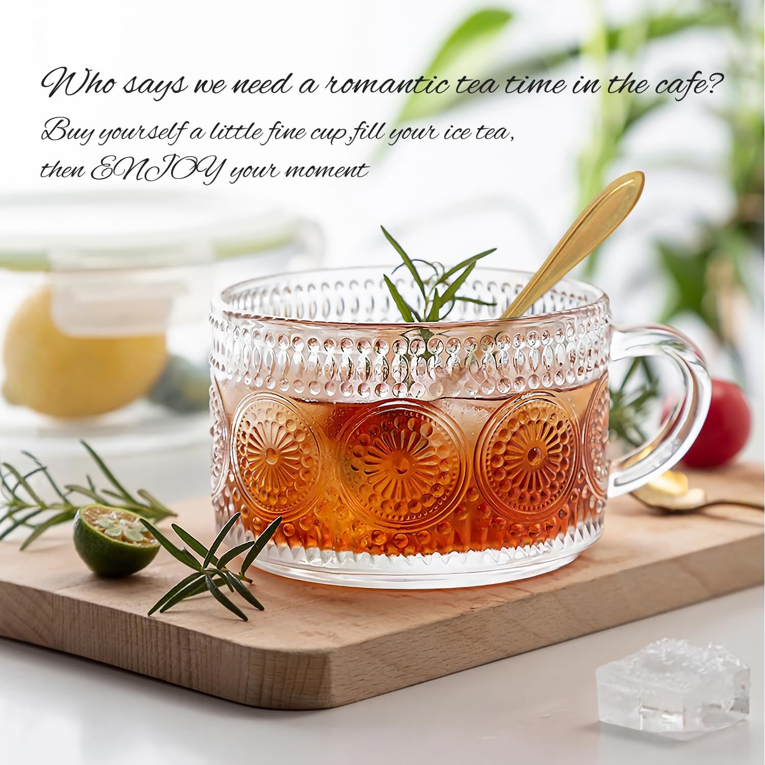 MCleanPin Juego de tazas de café de vidrio vintage, tazas de té transparentes en relieve de 14 onzas, tazas de café con leche, tazas de café para