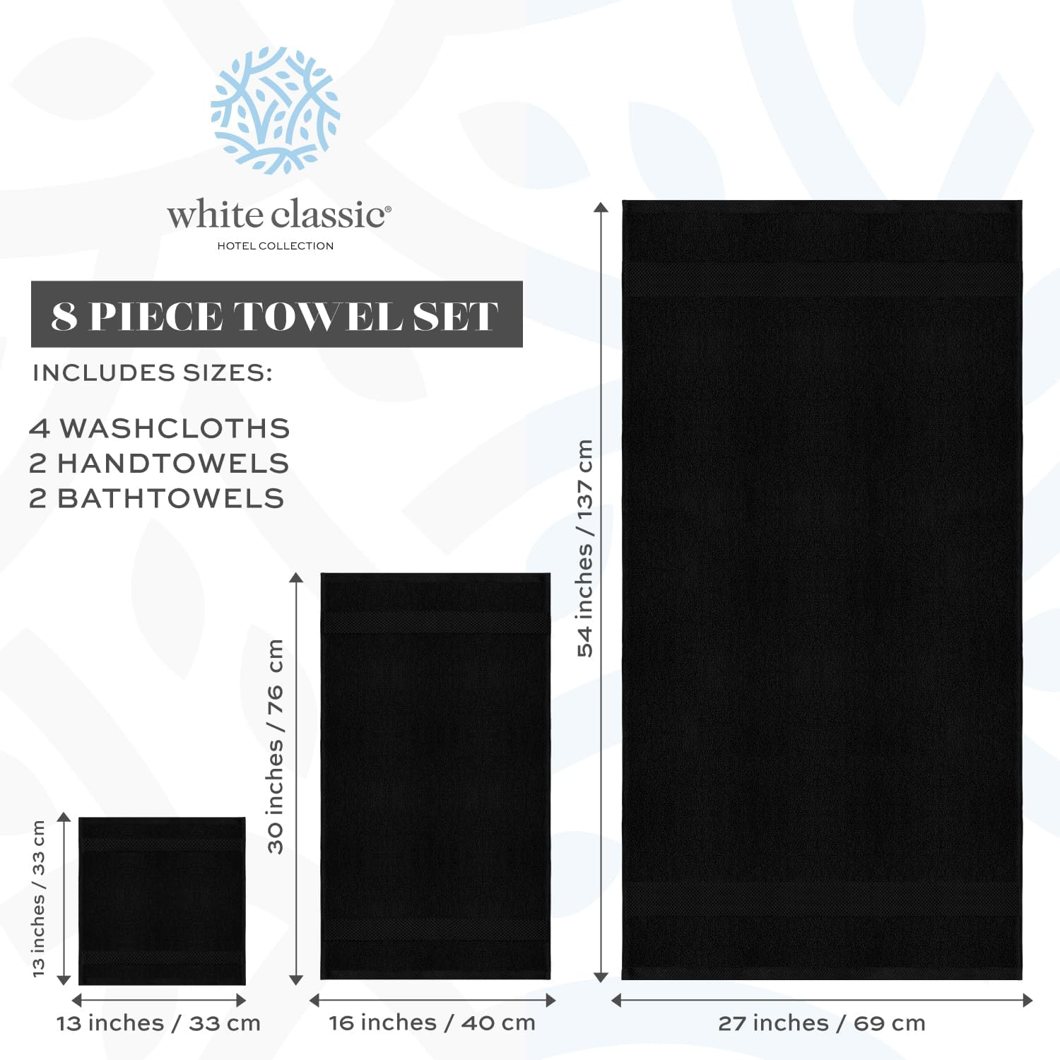 White Classic Juego de toallas de baño negras de lujo, algodón peinado absorbente de calidad de hotel, 8 piezas, 2 toallas de baño, 2 toallas de