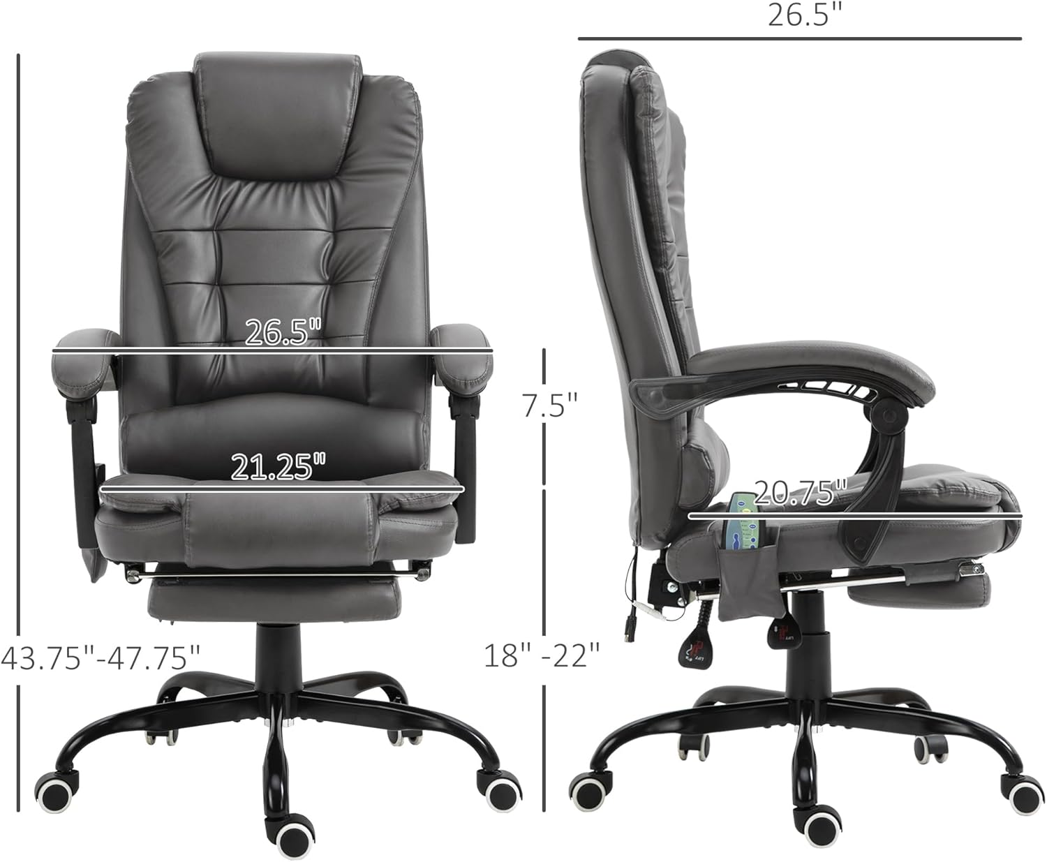 Vinsetto Silla de oficina de masaje vibratorio de 7 puntos, reclinable ejecutivo de respaldo alto con soporte lumbar, reposapiés, respaldo