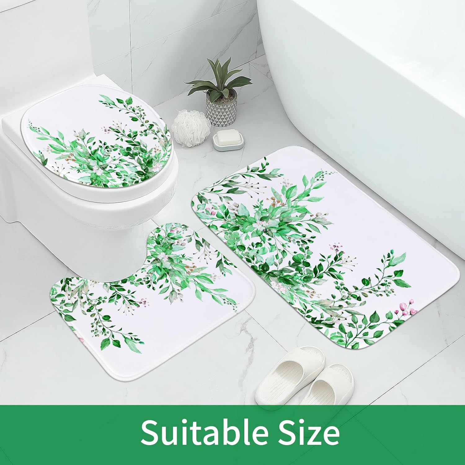 MitoVilla Juego de 4 piezas de baño de eucalipto verde esmeralda con cortina de ducha y alfombras, juegos de cortinas de ducha florales con