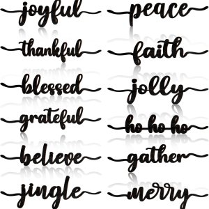 12 piezas de Navidad con recorte de madera con recorte de madera con texto en inglés “Joyful Merry Thankful Grateful Blessed Peace Gather”, letrero 12 piezas de Navidad con recorte de madera con recorte de madera con texto en inglés “Joyful Merry Thankful Grateful Blessed Peace Gather”, letrero
