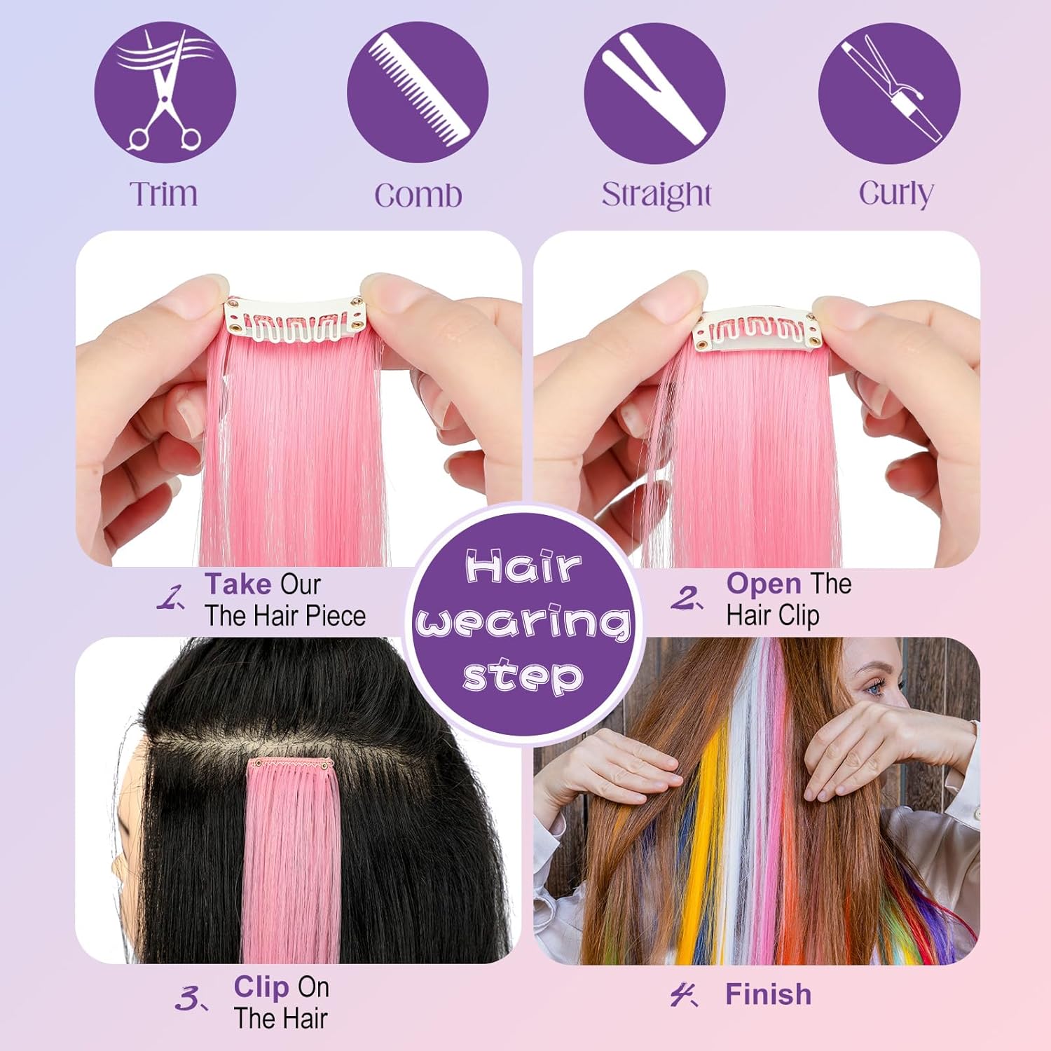 Extensiones de cabello de colores 12 piezas de 24 pulgadas con clip, arco iris, multicolor, para fiesta, largo, lacio, sintético, para mujeres,