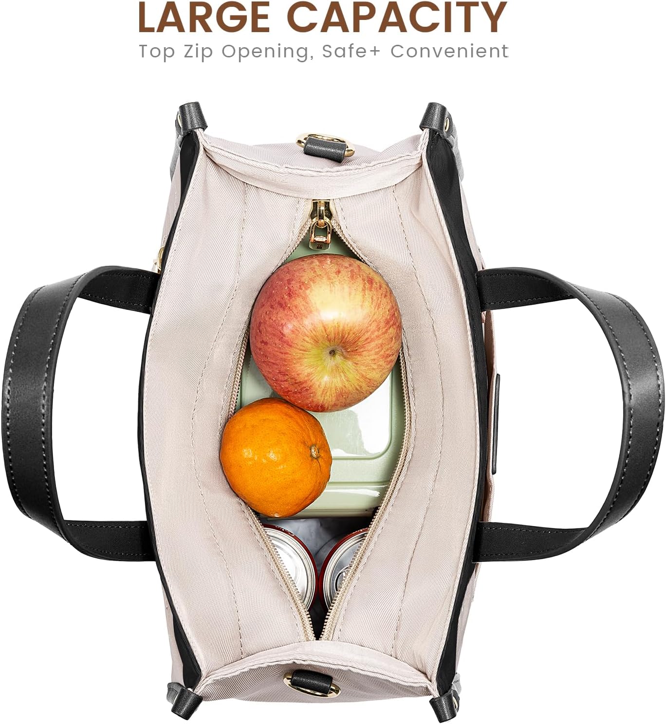 LOVEVOOK Bolsa de almuerzo para mujer, bolsa de almuerzo aislada de gran capacidad para oficina, trabajo, picnic, playa, a la moda, beige y negro, S