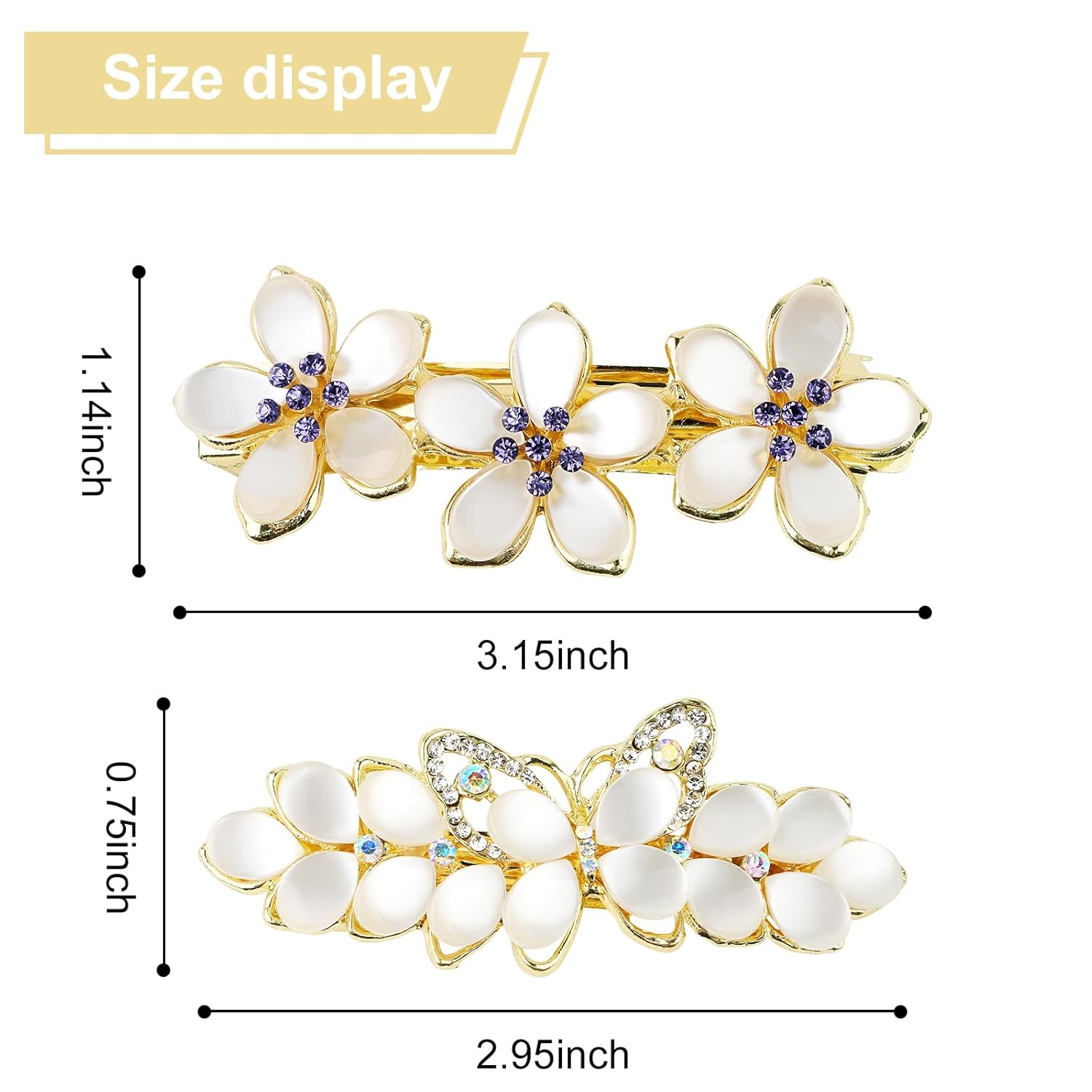 WHAVEL 2 pasadores dorados para el cabello para mujer, pinzas de pelo elegantes con diamantes de imitación, pinzas de flores y mariposas, pinzas