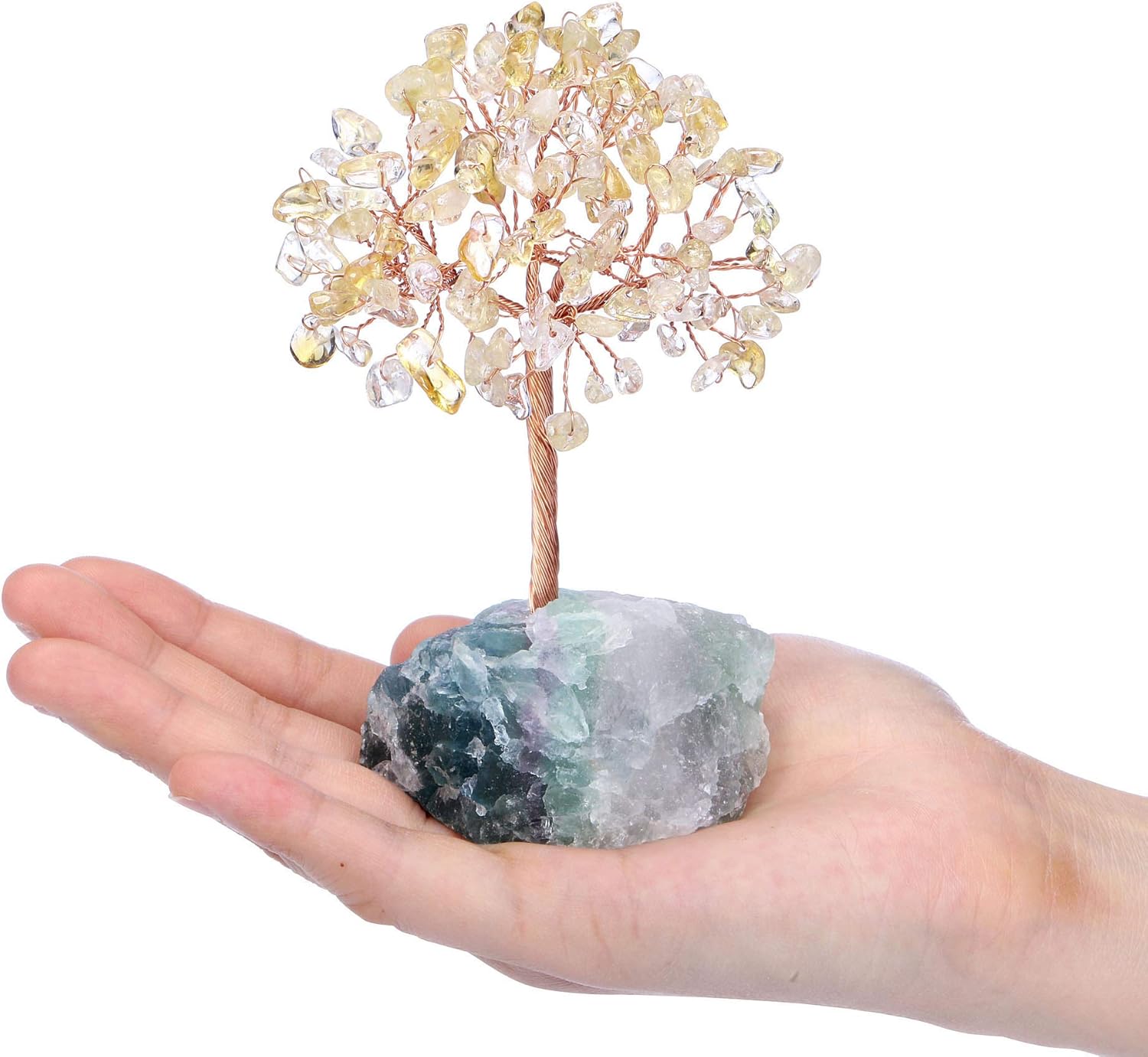 Jovivi Árbol de cristal de citrino natural, cristales curativos crudos, base de fluorita, árbol de dinero bonsái para decoración de mesa de oficina
