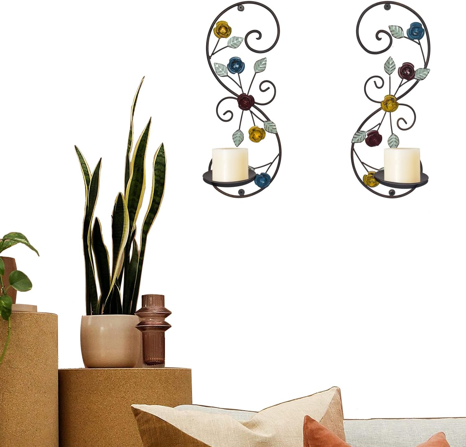 Juego de 2 candelabros de pared, diseño de ramas de hojas multicolor antiguas, soporte de pared de metal para colgar velas para sala de estar,