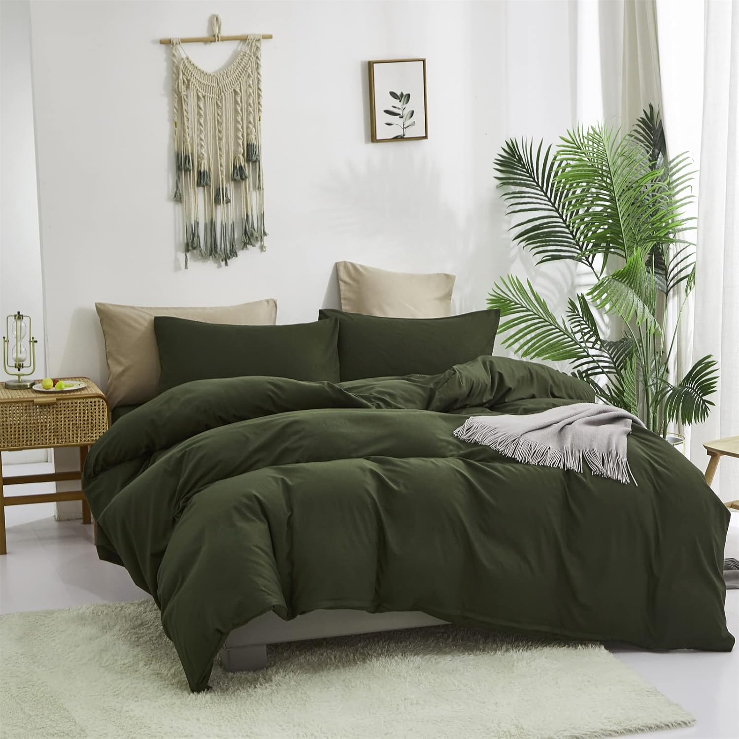 Cottonight – Juego de edredón verde militar tamaño California king, edredón unicolor moderno, suave y transpirable color verde oscuro, juego de 3