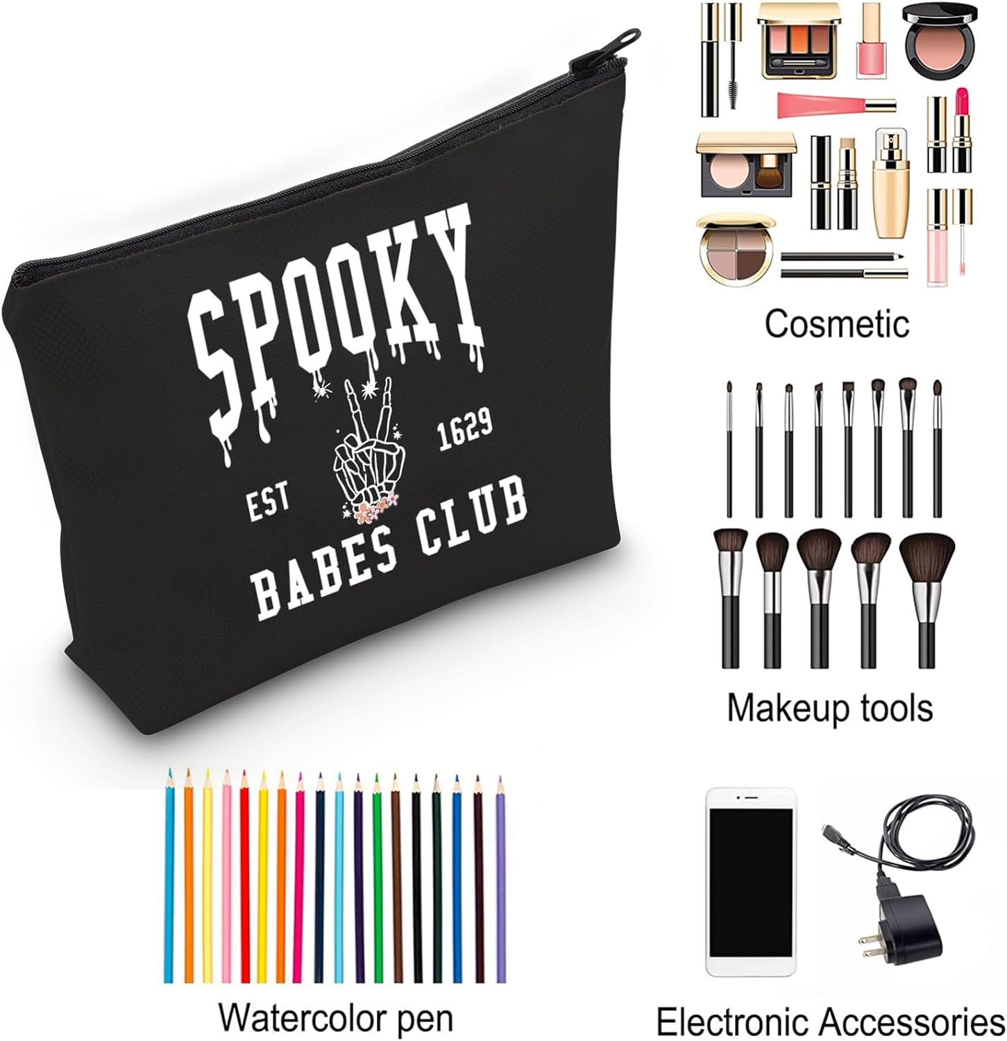 ZJXHPO Spooky Babe Club Bolsa de cosméticos para fiesta de Halloween, regalo de esqueleto de mano, bolsa de maquillaje con cremallera, kit de