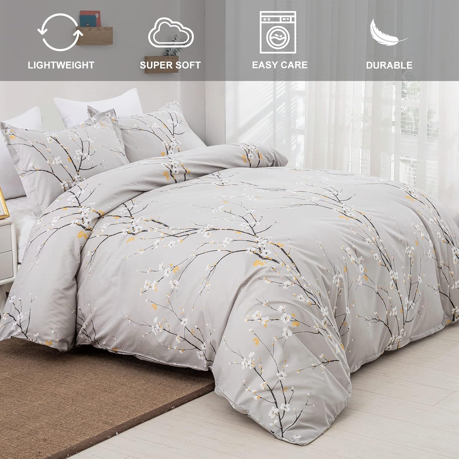WONGS BEDDING Juego de funda de edredón gris tamaño individual, juego de ropa de cama con estampado de flor de ciruelo con 1 funda de almohada, 2
