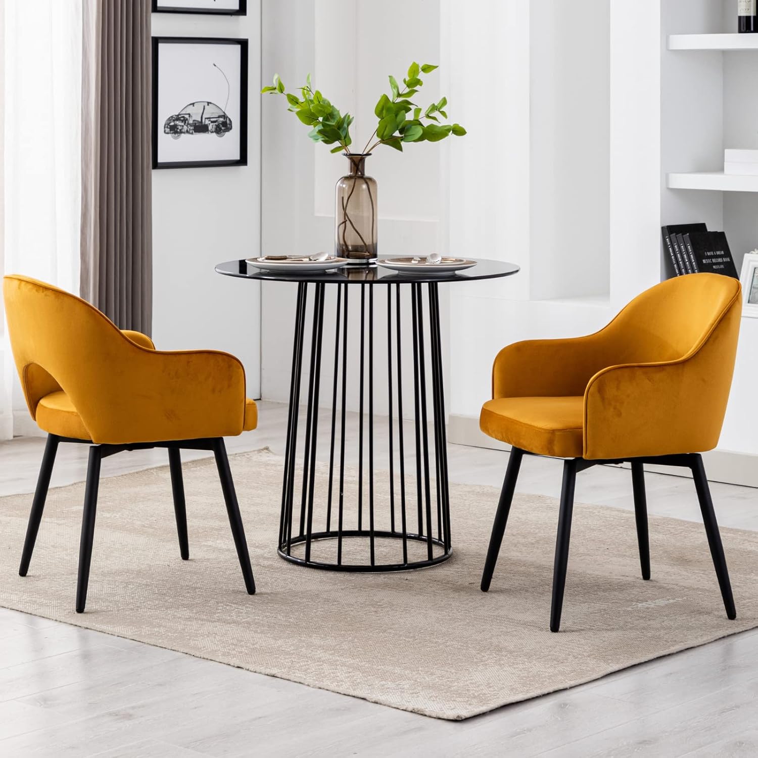 Juego de 2 sillas de comedor giratorias modernas, cómodas sillas laterales tapizadas de tela de terciopelo con respaldo hueco, patas de metal negro
