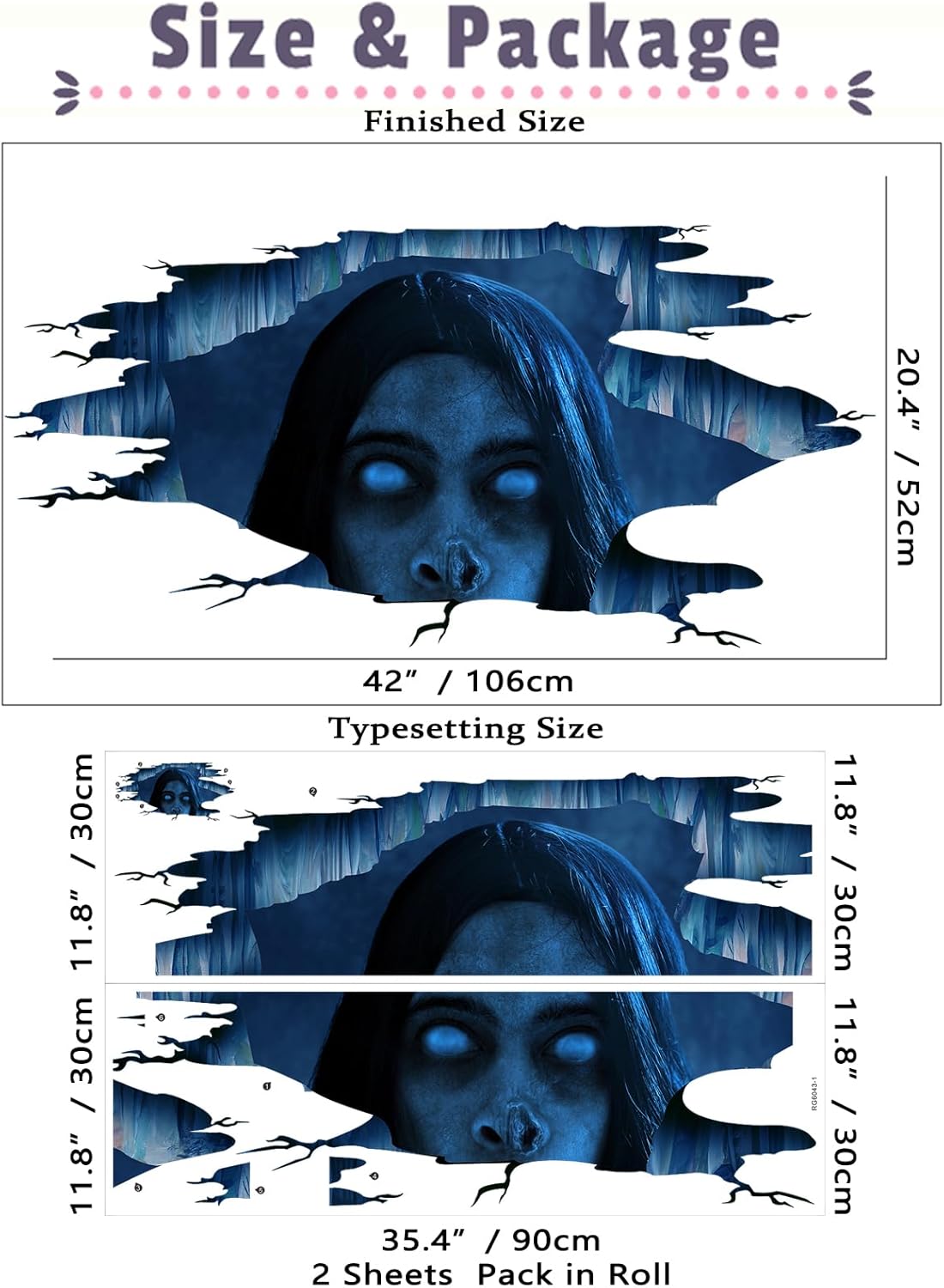 Dosminer Calcomanías 3D espeluznantes para suelo de Halloween, calcomanías de pared de fantasmas de Halloween para sala de estar, cabello largo y