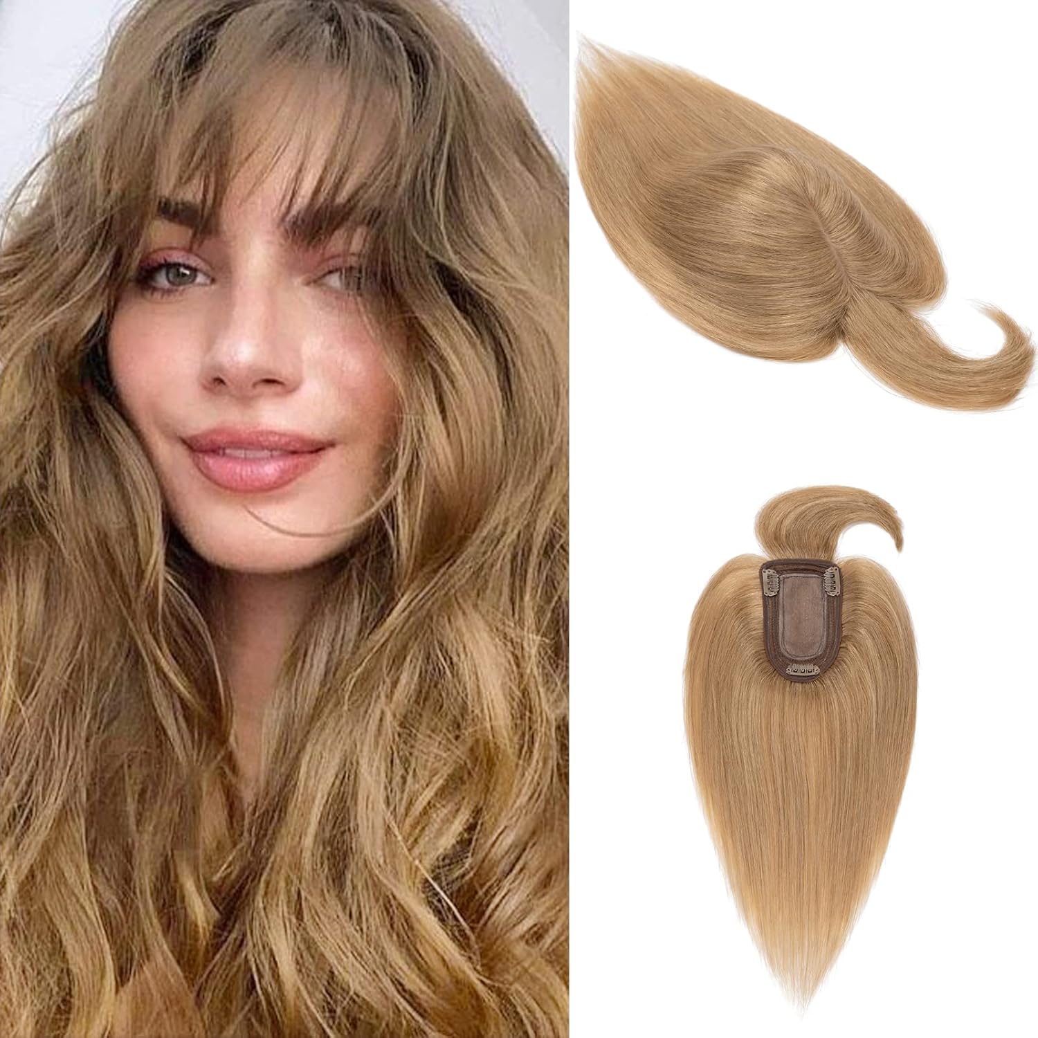 S-noilite Toppers para el cabello humano real con flequillo, 6 pulgadas, color rubio oscuro #27, base de seda, clip en la parte superior para