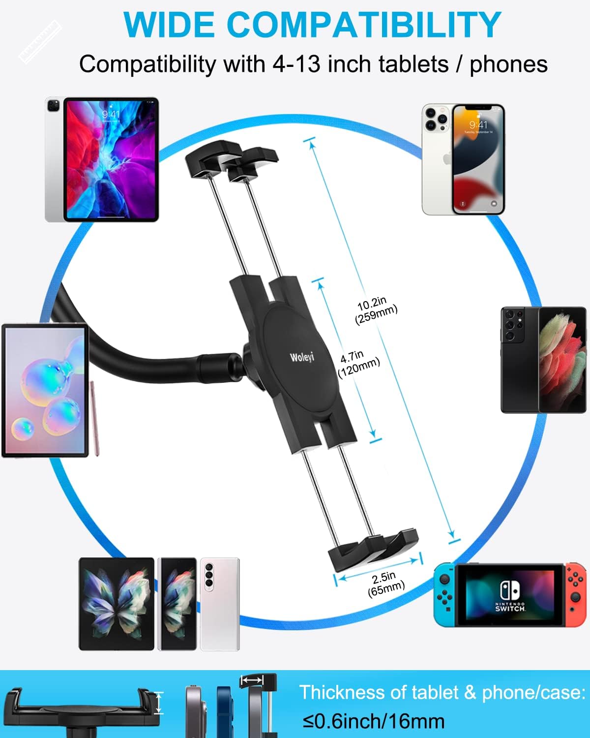 woleyi Soporte para tablet para parabrisas de tablero de automóvil brazo largo de cuello de cisne Soporte de iPad con ventosa para automóvil,