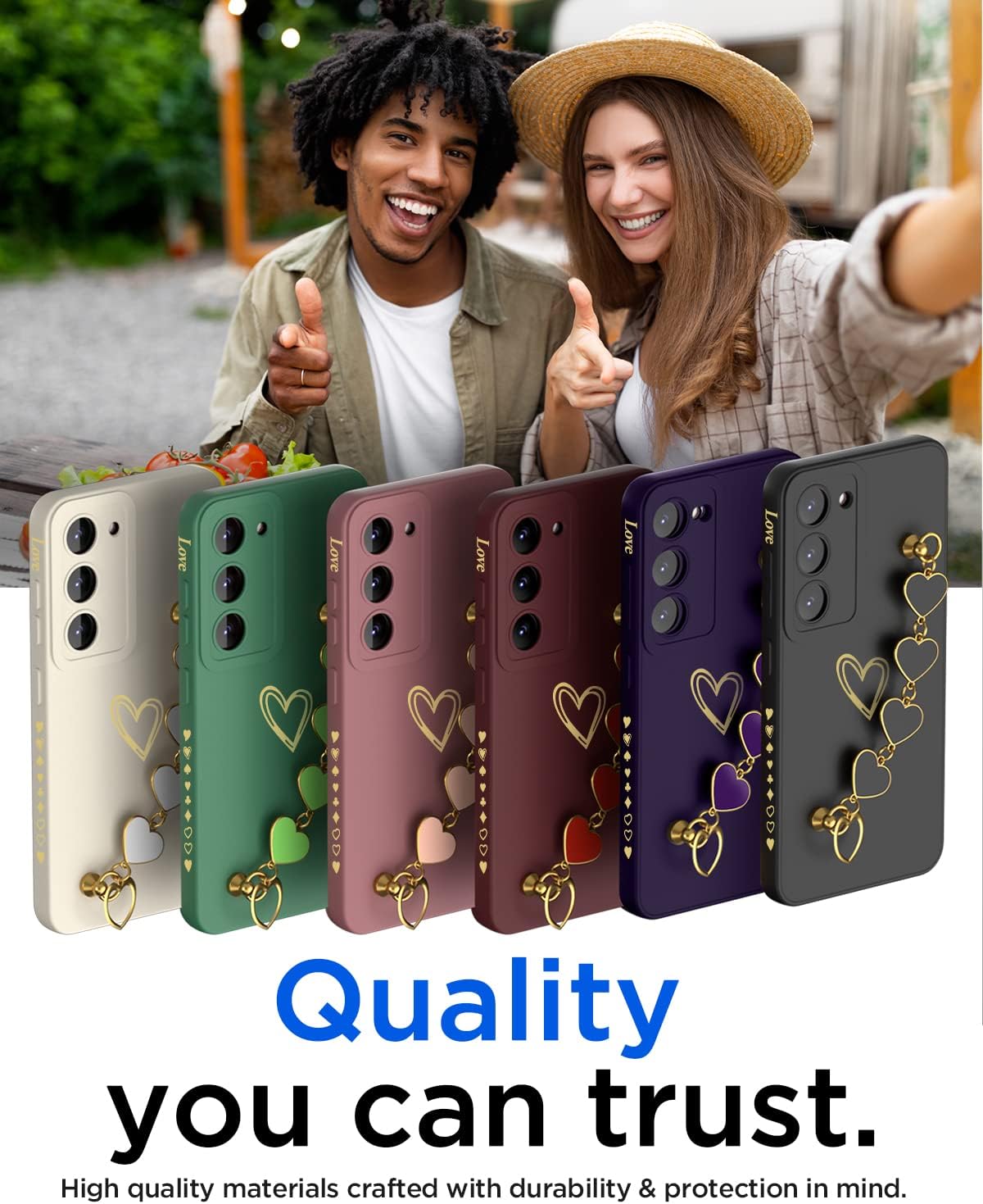 AICase Funda para Galaxy S23 Heart para mujer, protección de lente de cámara, bucle para tira de mano, bonita funda suave y delgada a prueba de
