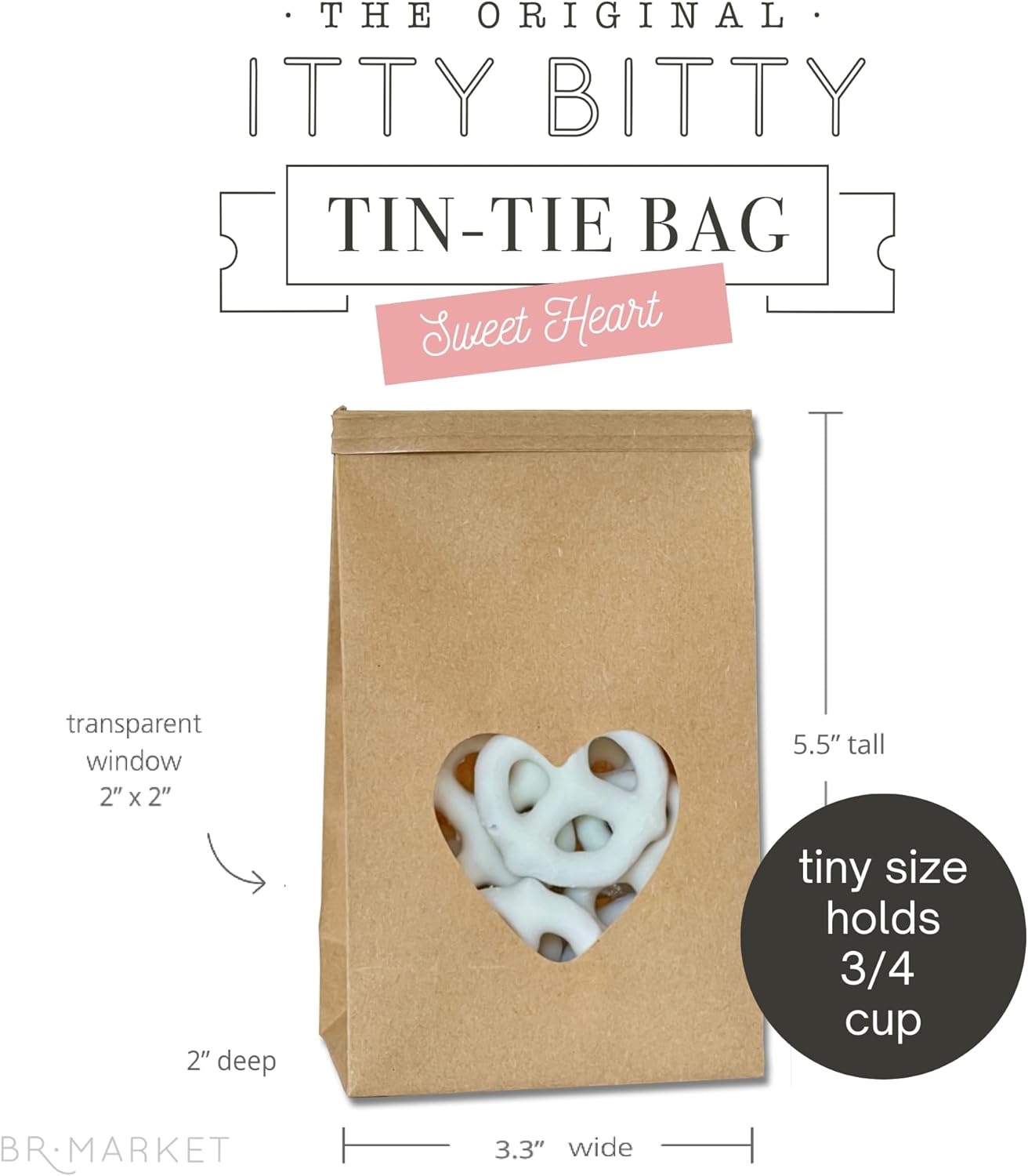 Bolsas de panadería con ventana de corazón, bolsas de papel kraft extra pequeñas, 100 unidades de 3.3 x 5.5 x 2 pulgadas, bolsas de bloqueo de