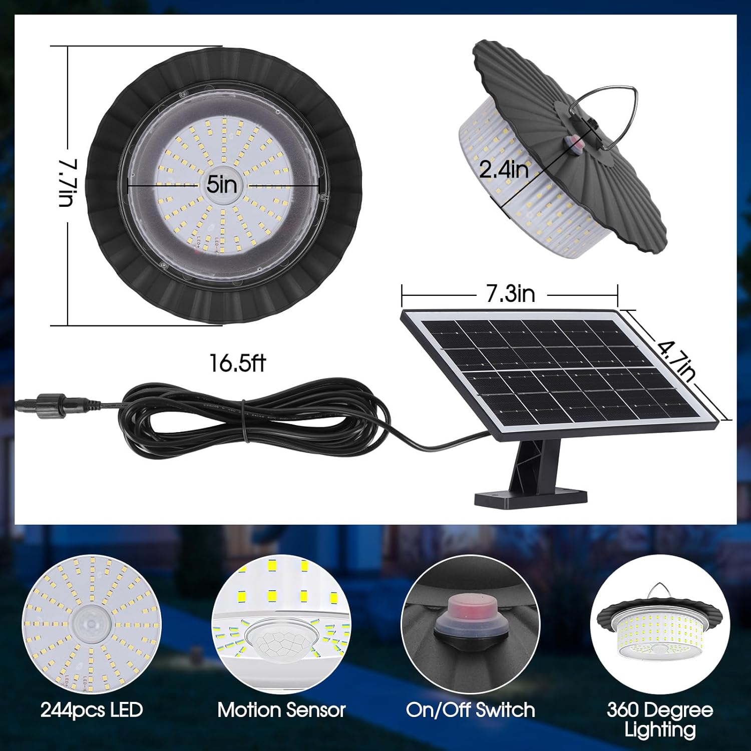 Luz solar para cobertizo, 244 LED, luz colgante solar para exteriores e interiores, 6 modos de iluminación de 360, luz solar con control remoto,