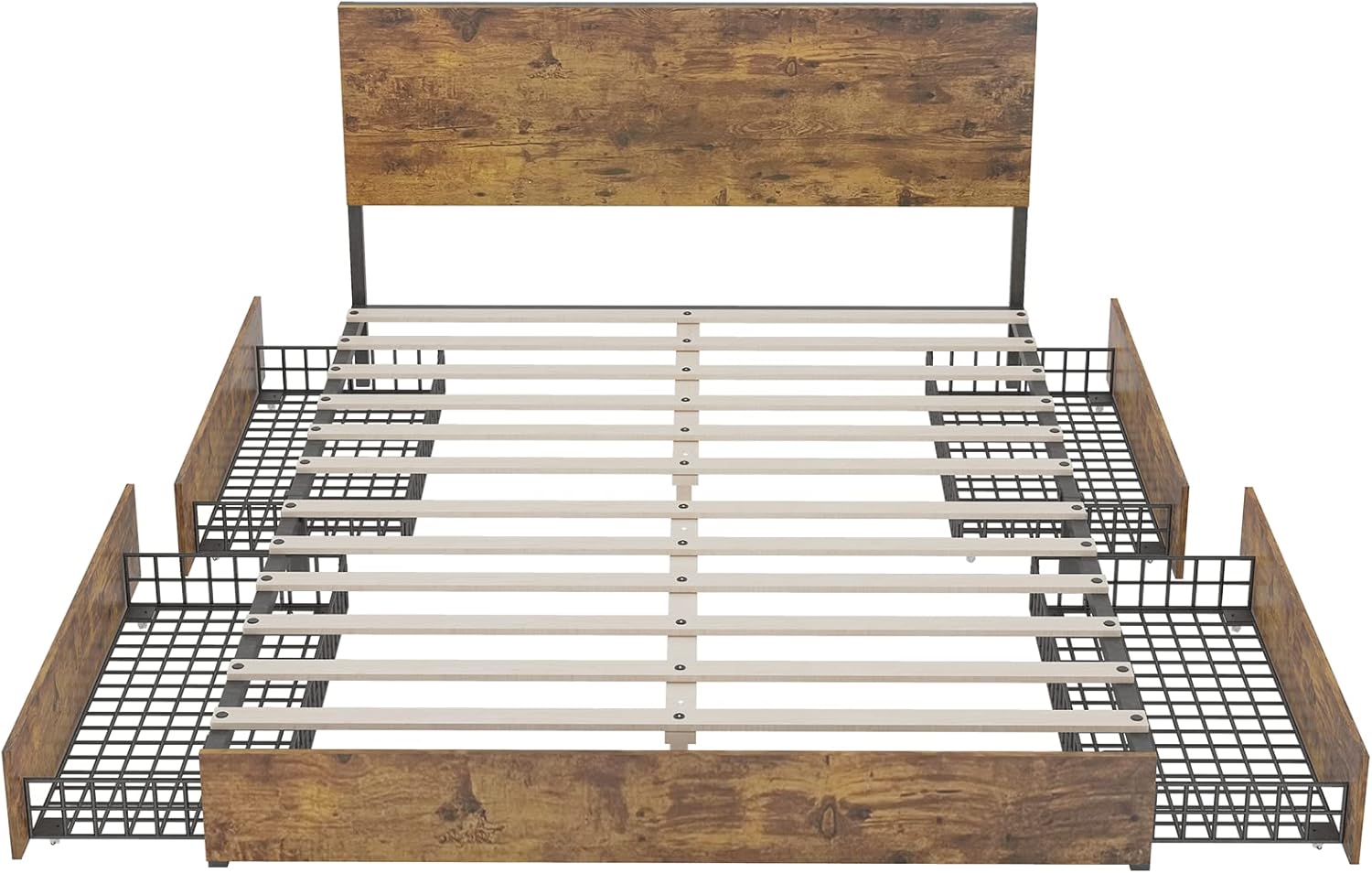 ZAFLY Base de cama de plataforma de tamaño matrimonial, marco de cama de madera industrial con cajones de almacenamiento y cabecera de madera,