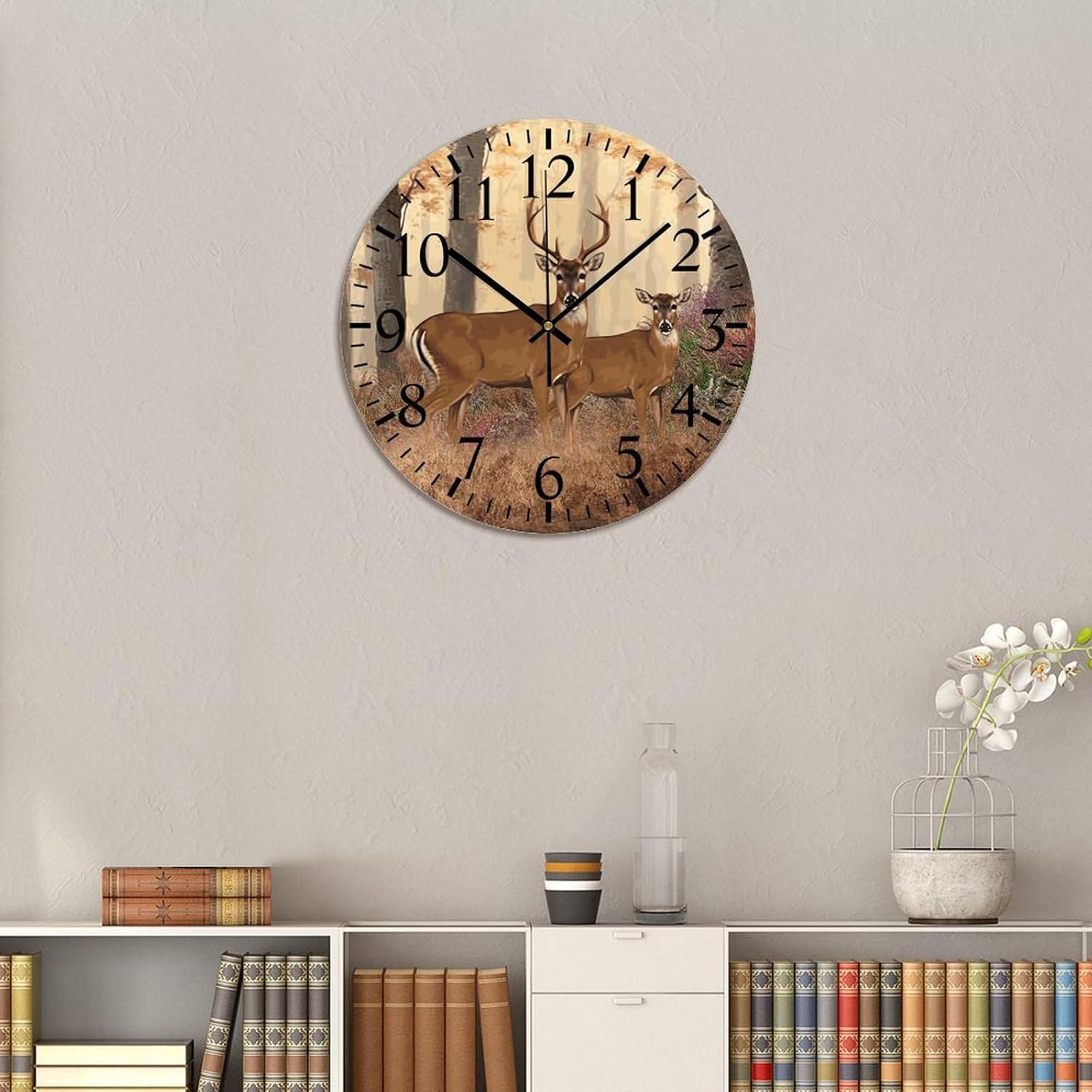 Reloj de pared para baño, reloj de pared redondo de PVC con ciervo, sin tictac, 10 x 10 pulgadas, decoración de cocina, regalo decorativo, funciona