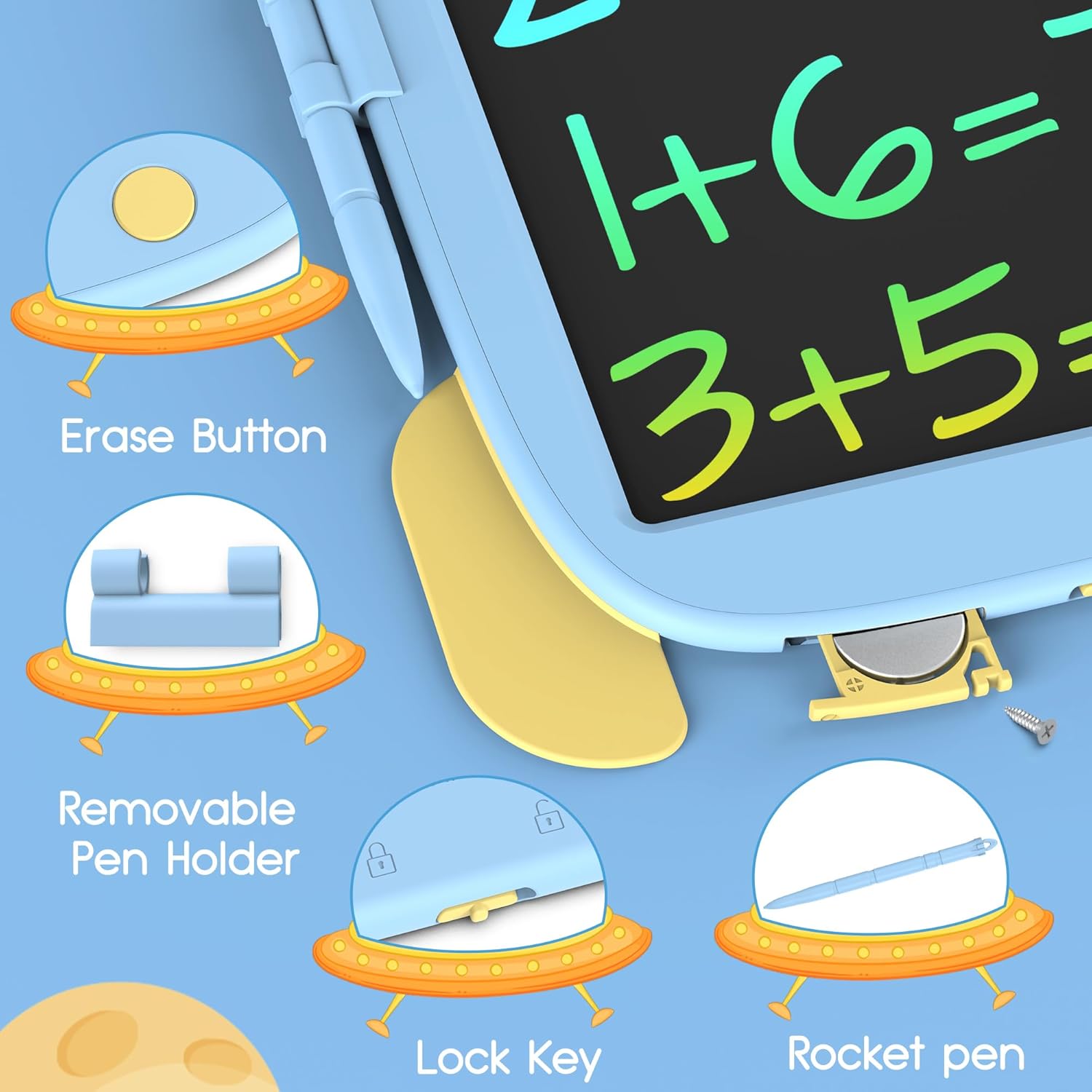 Hockvill Tableta de escritura LCD para niños, juguete de aprendizaje, almohadilla de dibujo de cohetes para niños de 3, 4, 5, 6, 7, 8 años, tablero